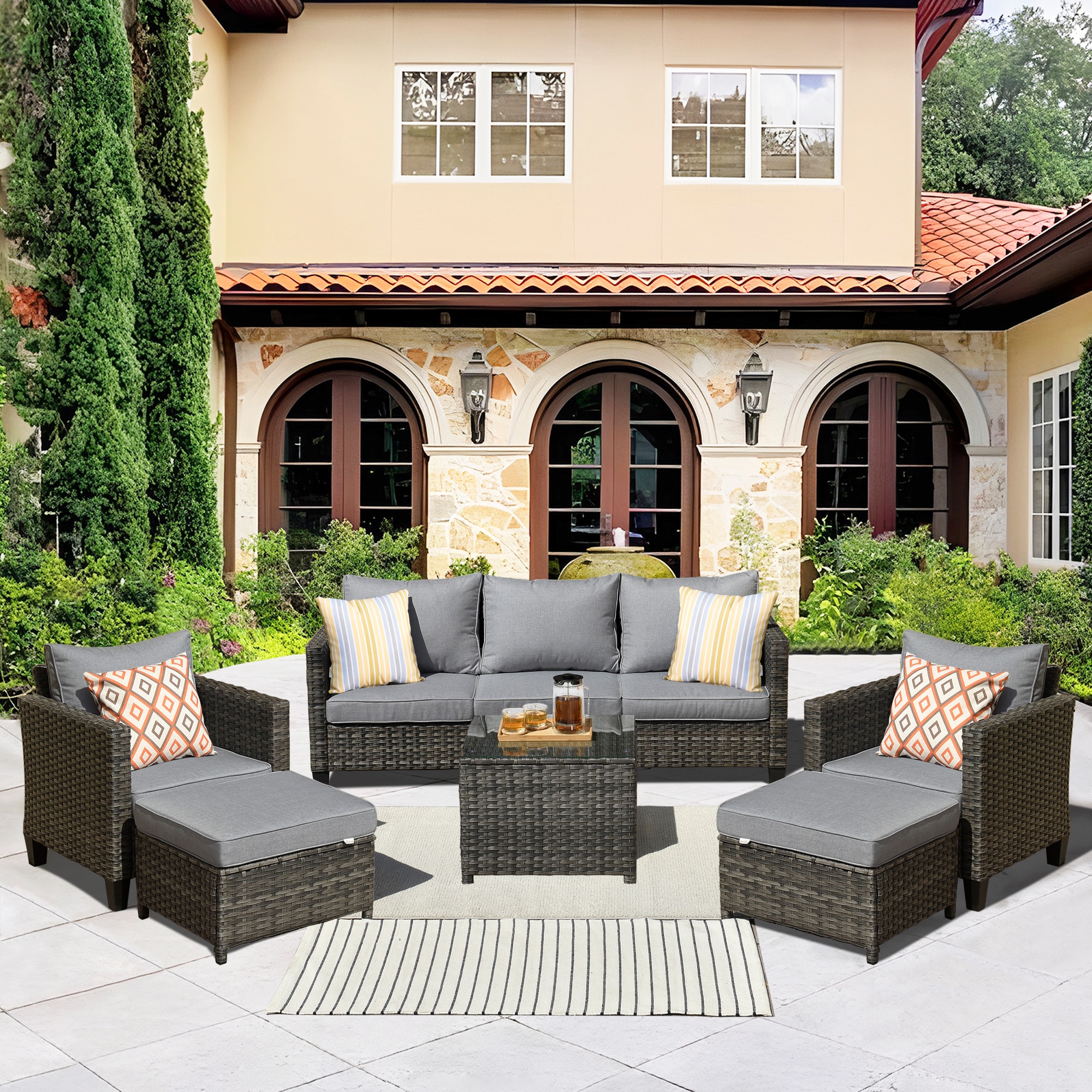 Ovios 6-Piece Wicker Patio Conversation Set with Gray Cushions in the ...