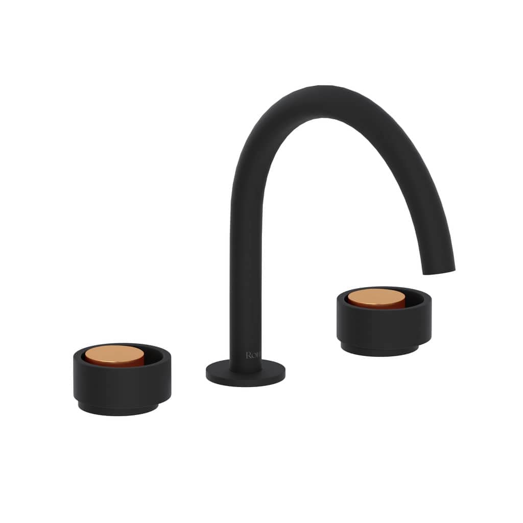 Rohl Eclissi 8 Inch Widespread Double Handle Bathroom Faucet with Drain Kit Included in Matte Black/Satin Gold
