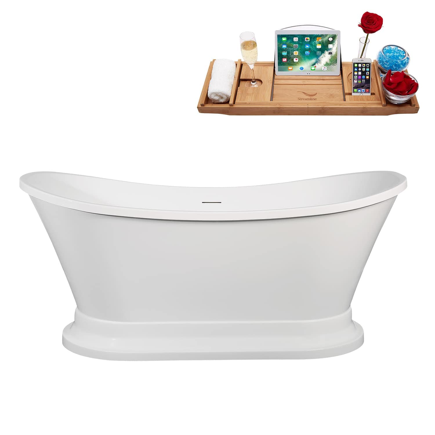 Streamline 60 inch  Soaking Glossy White Freestanding Tub and Tray With Internal Drain in Polished Chrome