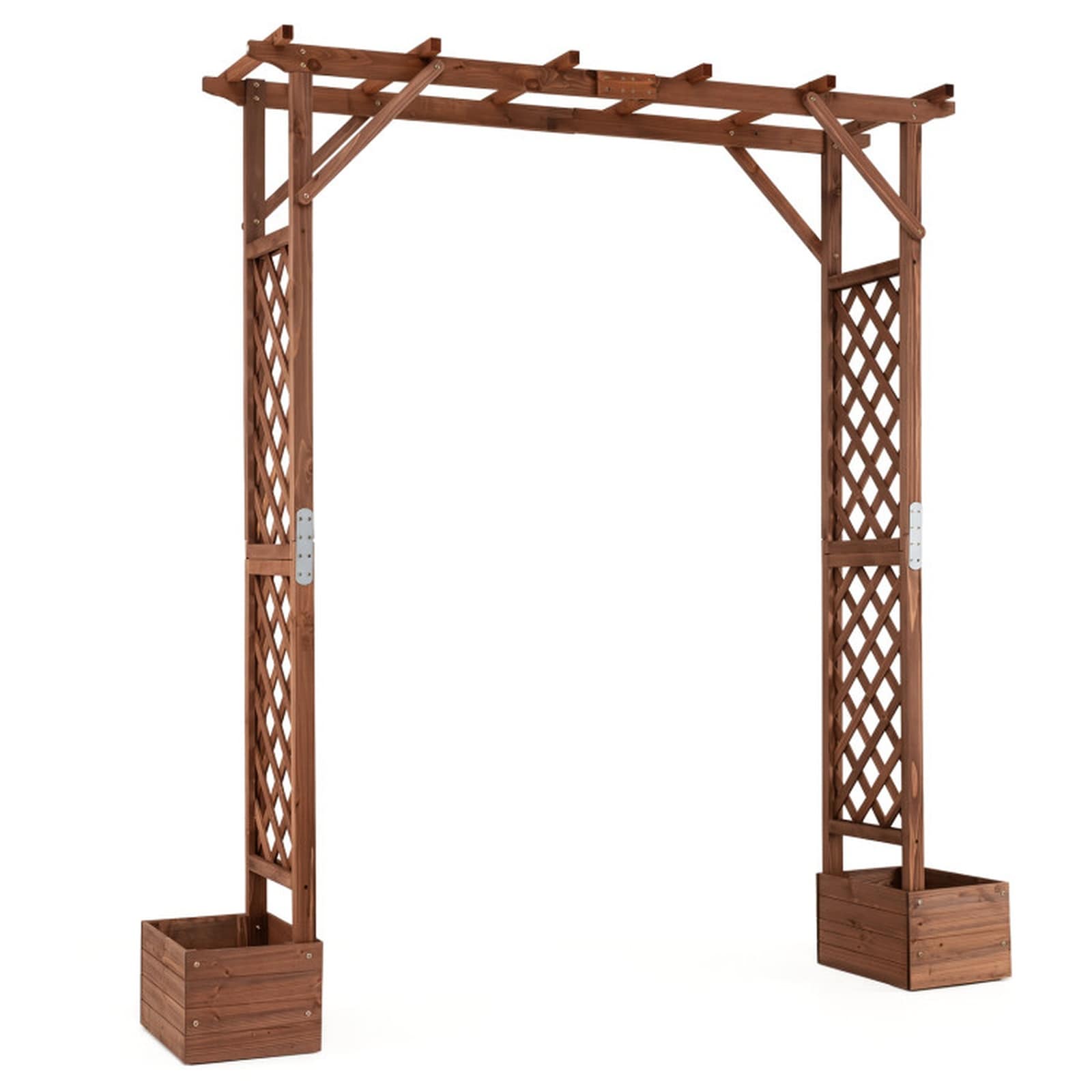 SUGIFT 87-in Wooden Garden Arbor with 2 Planter Boxes Hanging Roof and 61.5-in Arch Opening for Climbing Plants - Rustic Brown