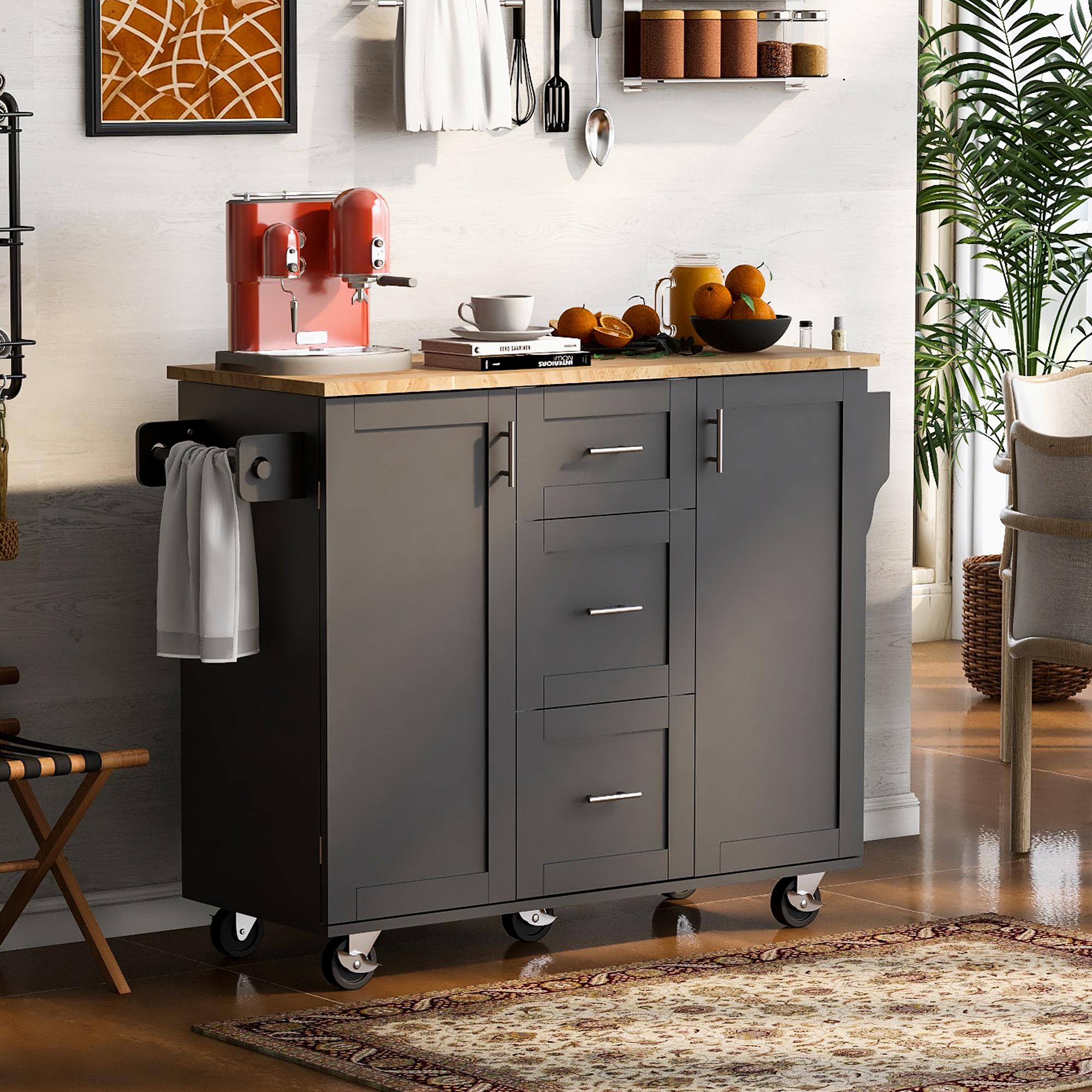 Bayfeve BF-316599B-IN Black MDF Base with Wood Wood Top Rolling Kitchen Island ( 17-in x 50-in x 36.85-in )