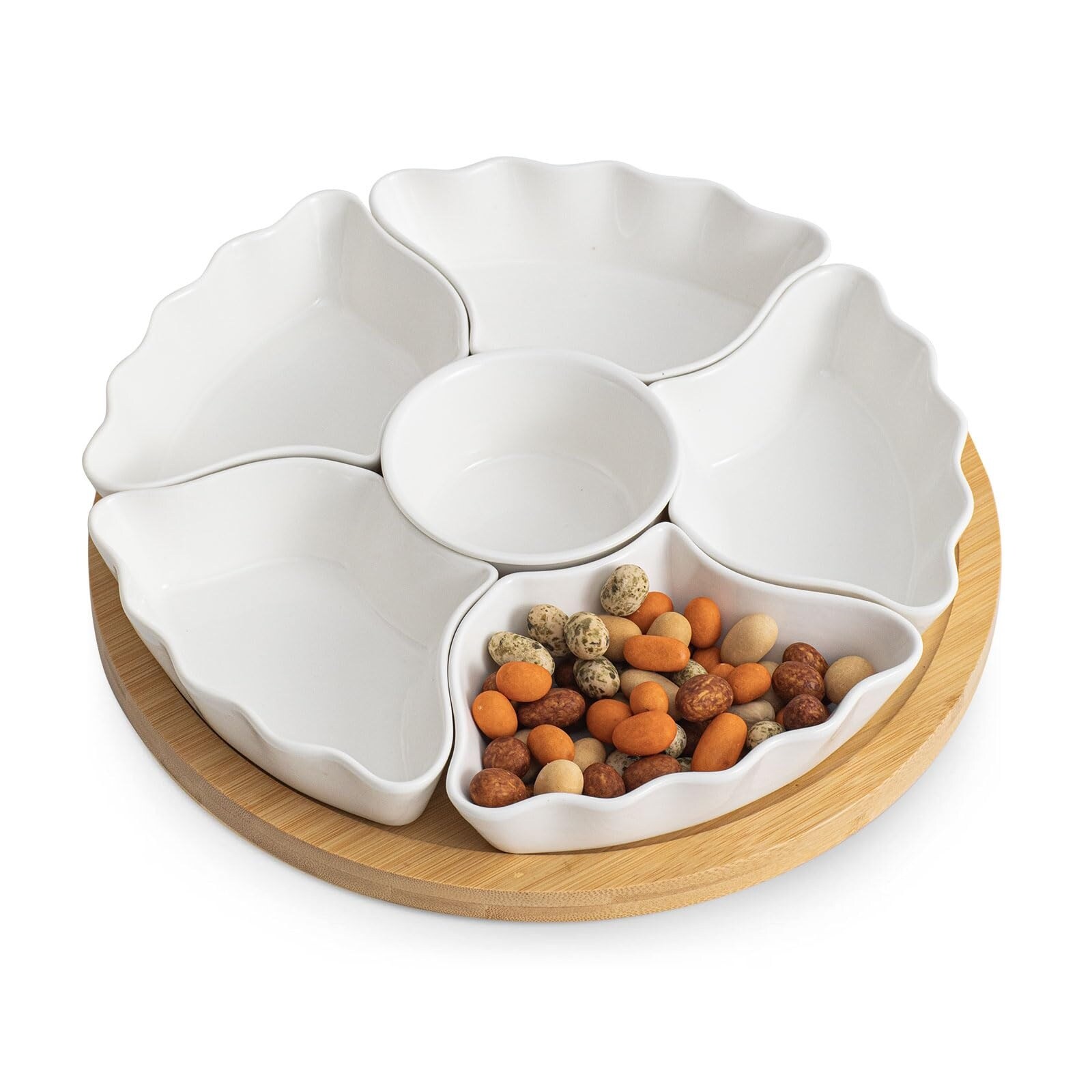 Anqtovp  7 Piece 12 Inch Bamboo Rotating Serving Tray Set with Removable Ceramic Dividers and Central Dip Bowl for Charcuterie Appetizers Snacks