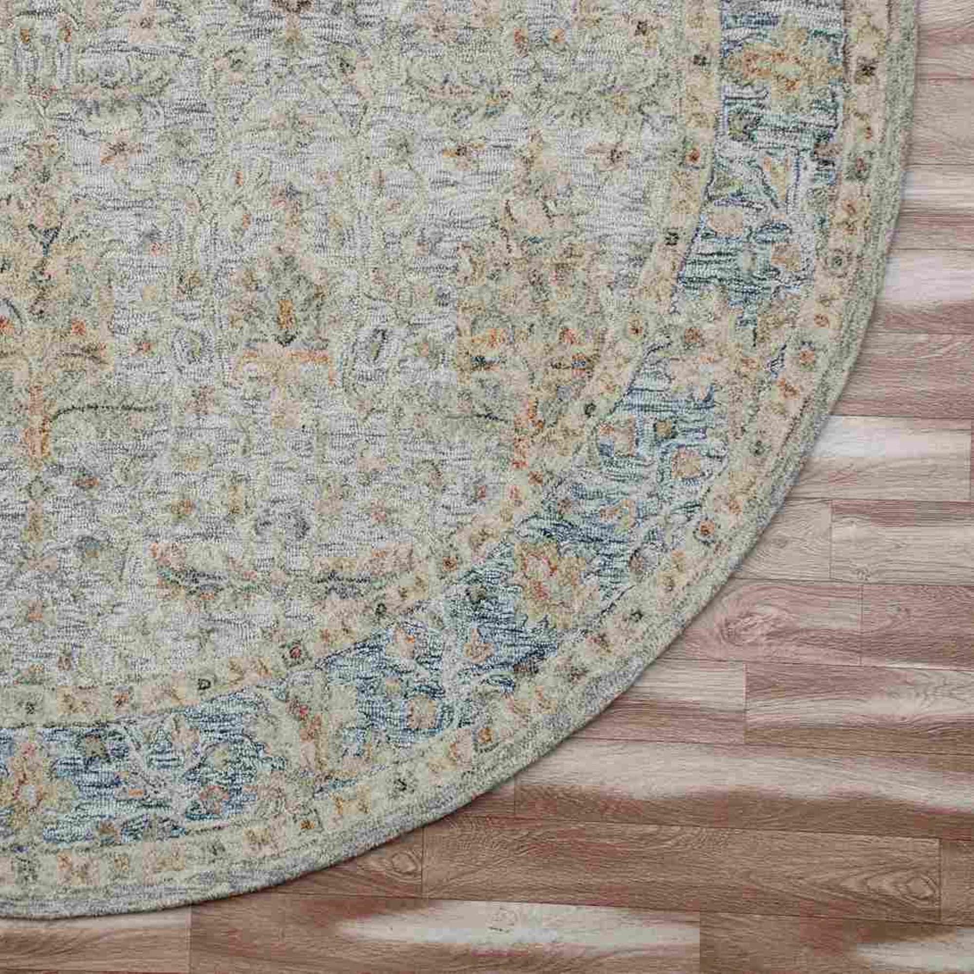 Handmade Blue and Taupe Round Wool Tufted Rug, 8.5 ft