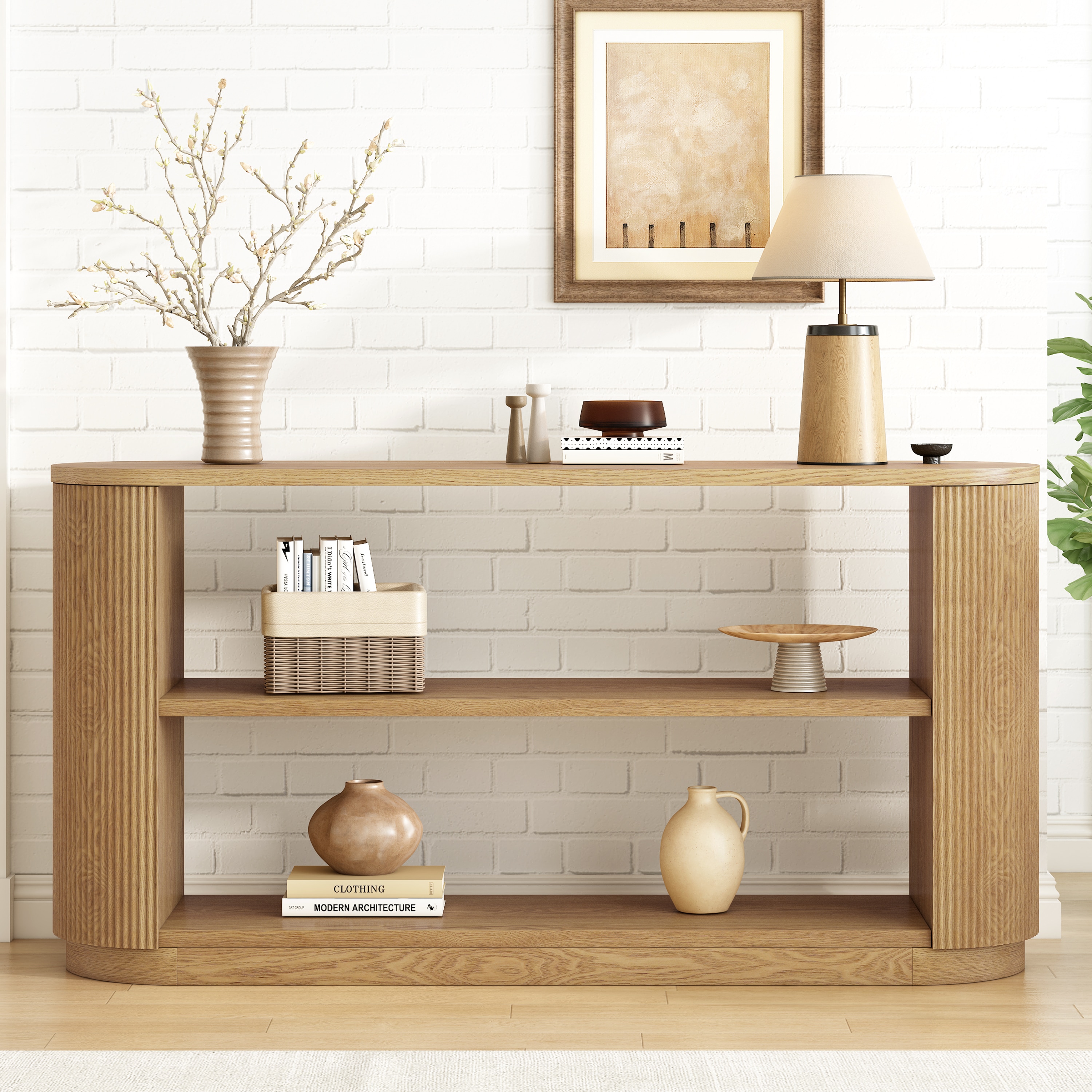 ModernLuxe N760P281359N Mirod Modern Entryway Console Table  Slim Sofa Table with Open Shelf  Elegant Wood Grain MultiFunctional Hallway Table for Living Room