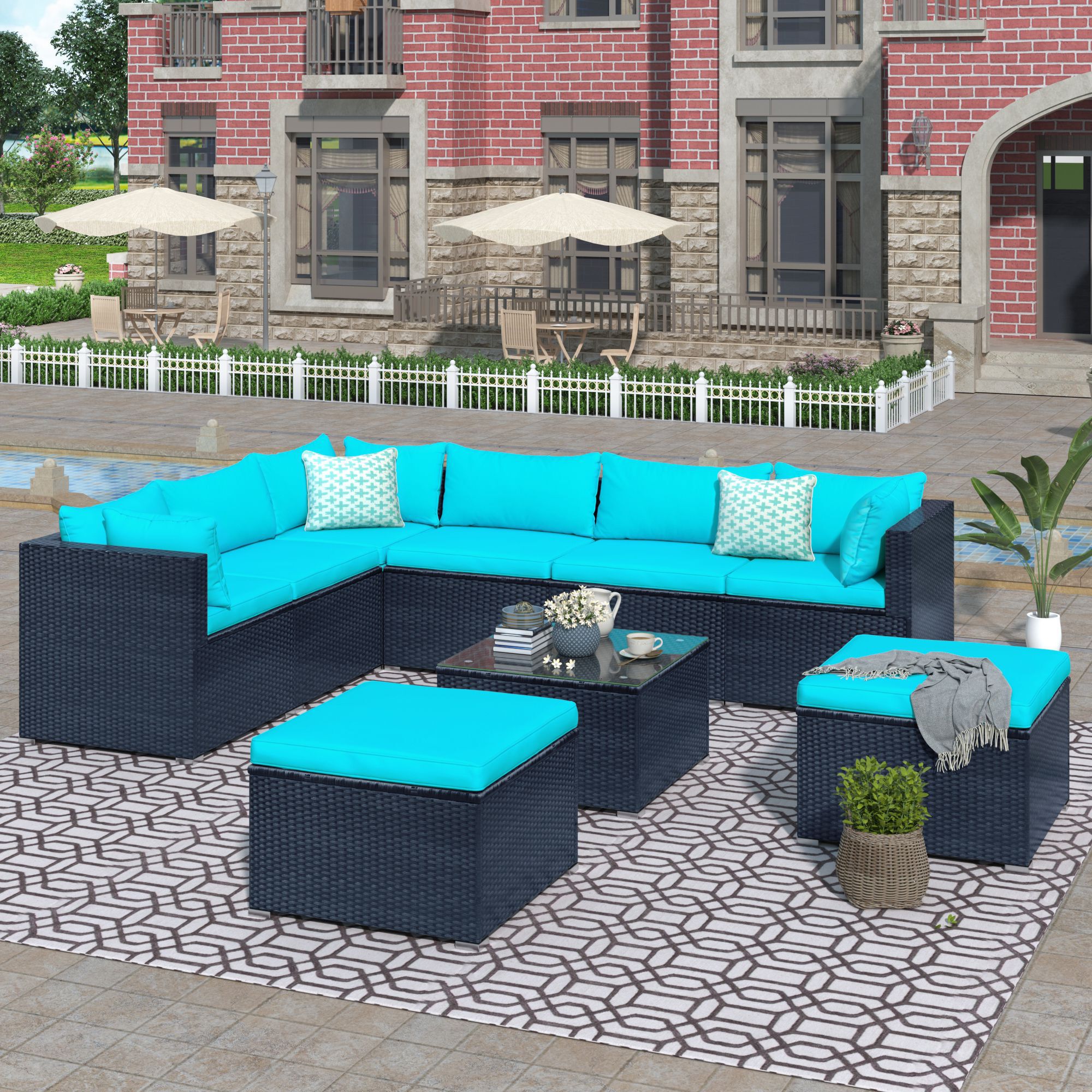 Afoxsos LWMX368 9-Piece Wicker Patio Conversation Set with Blue Cushions