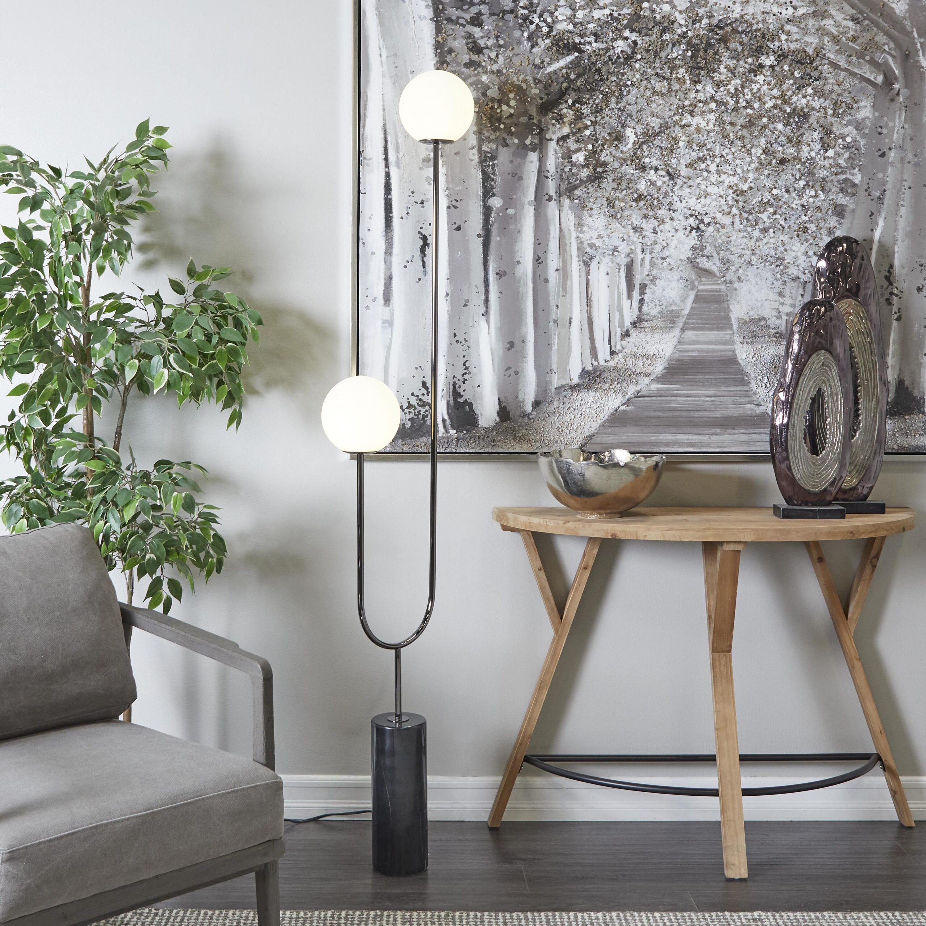 Grayson Lane 29702 73-in Black 2 Light Orb with Marble Base Standard Floor Lamp with Glass Shade