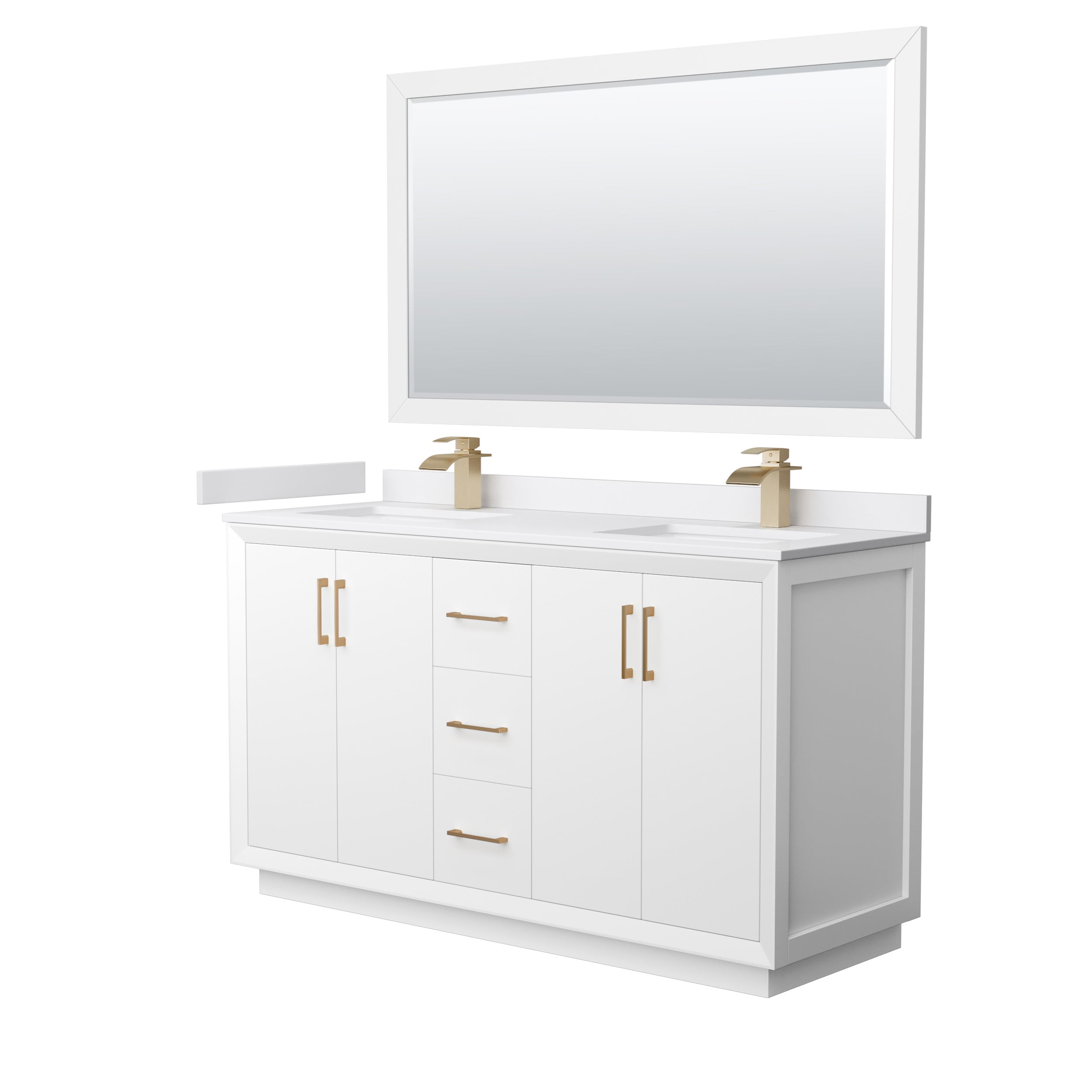 Wyndham Collection WCF414160DWZWCUNSM58 Strada 60-in White with Satin Bronze Trim Undermount Double Sink Bathroom Vanity with White Cultured Marble Top (Mirror Included)