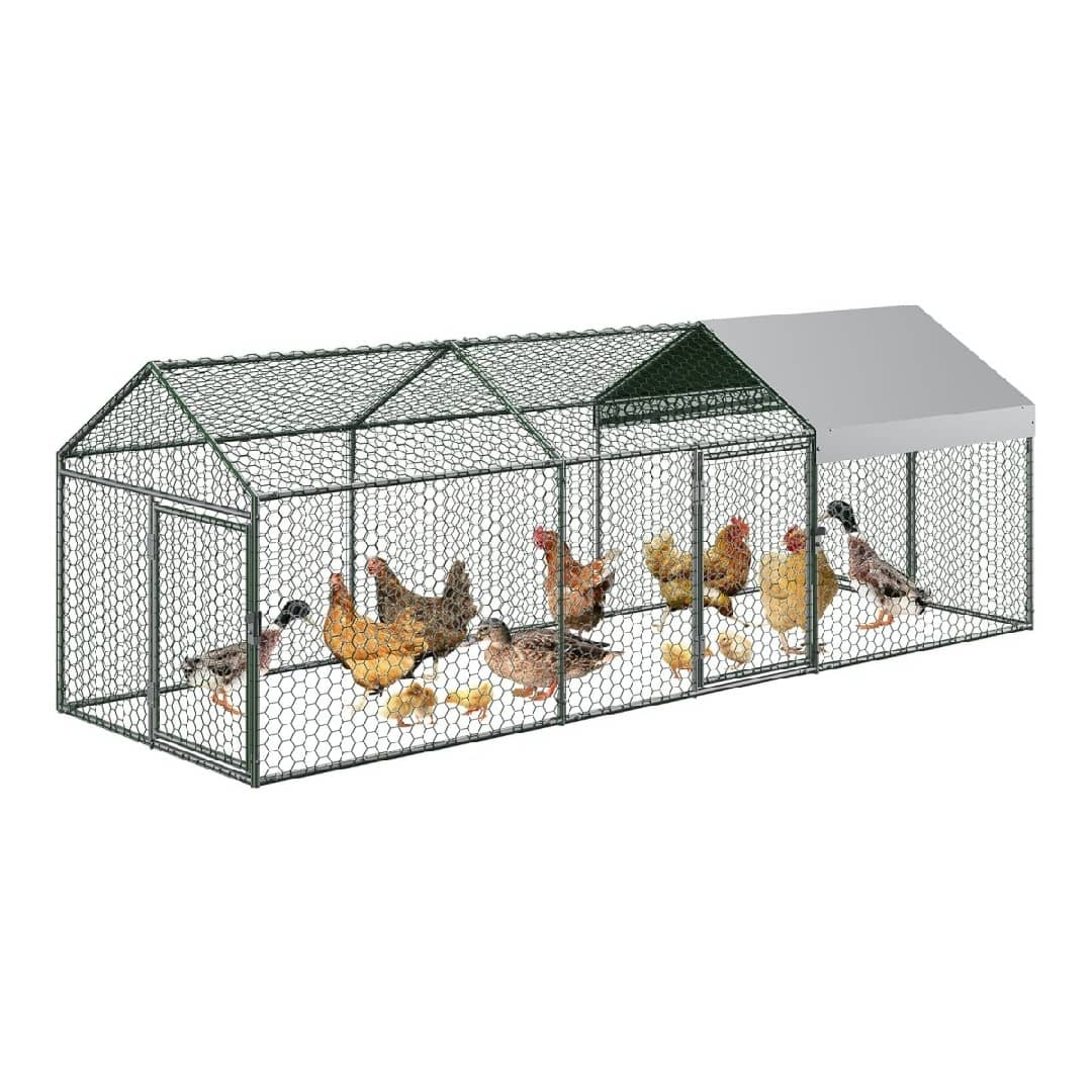 Qeetex GGL-PPG-33EVVS4A Metal Chicken Coop-120x40x40 inches Large Chicken Run with 4 Doors-Chicken Run for Yard with Waterproof and AntiUV Cover-Walk in Poultry Cage for Rabbit Duck Goose-Silver
