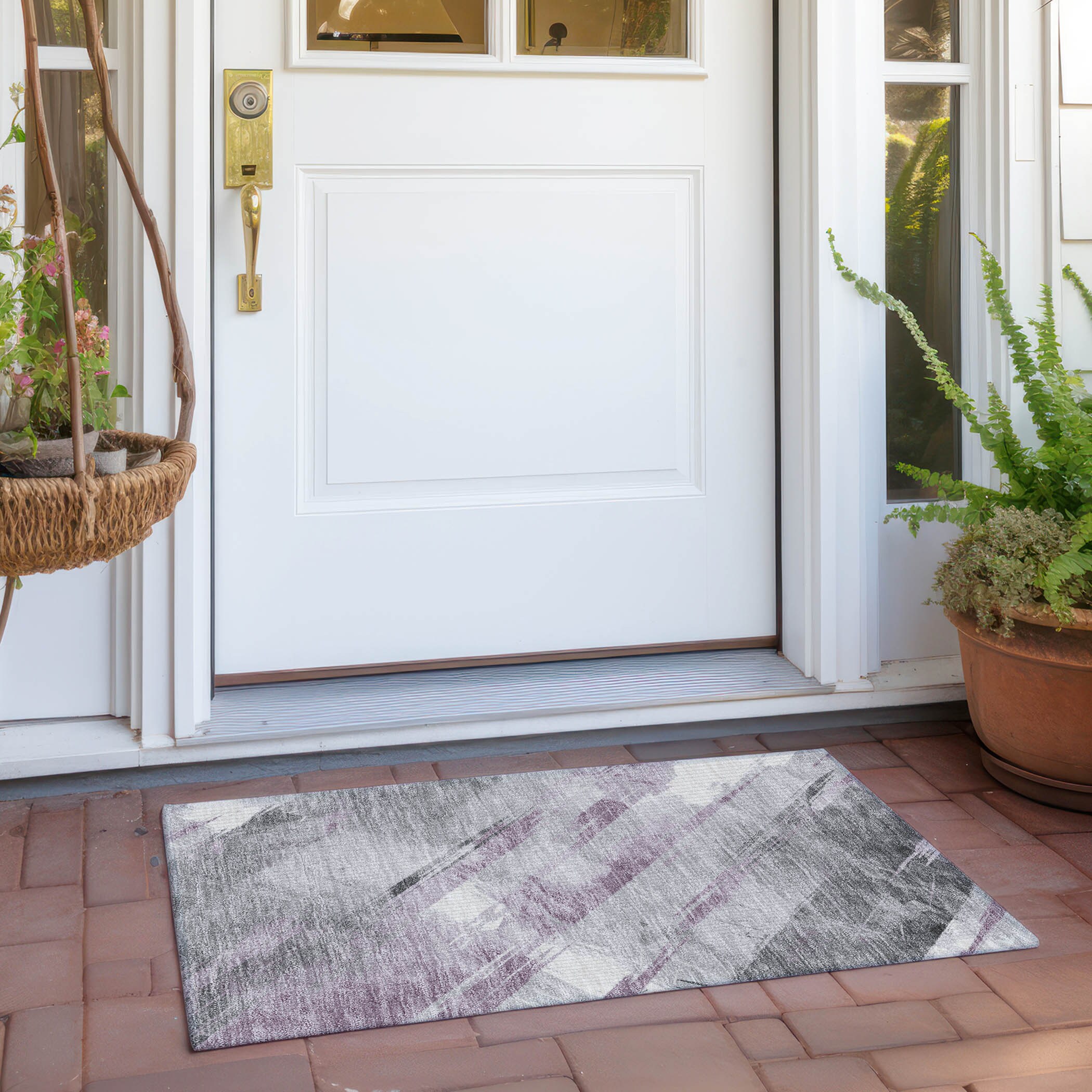 Lavender and Gray Synthetic Flat Woven Washable Rug
