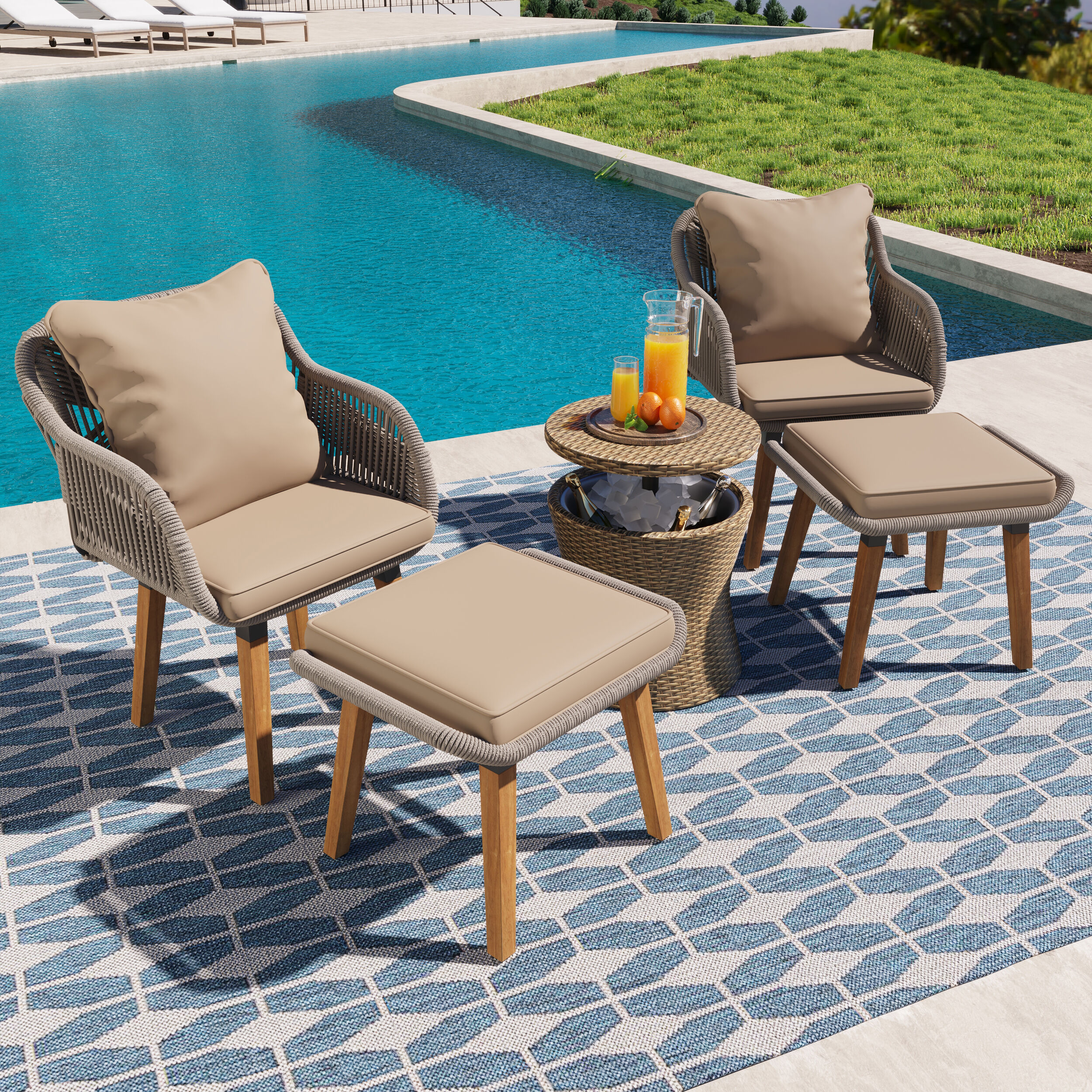 5-Piece Wicker Patio Conversation Set with Brown Cushions | - Mondawe MO-H3211G