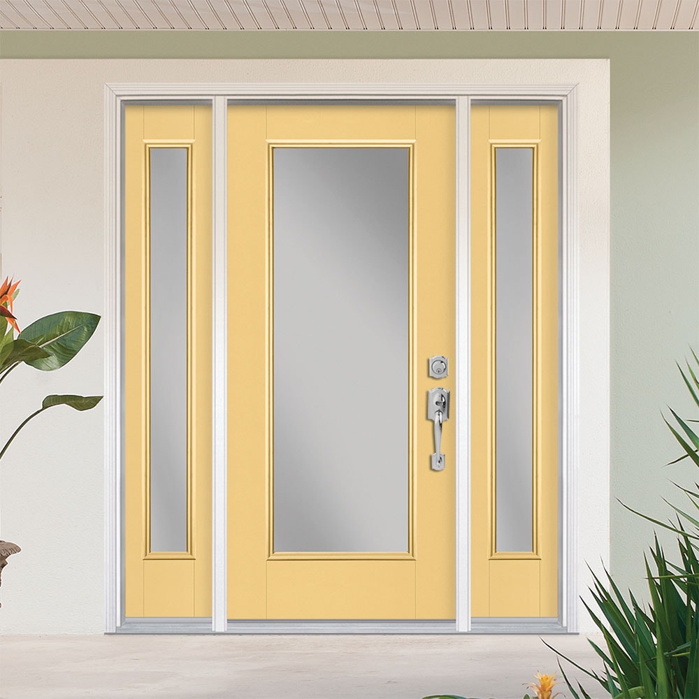 Masonite 1218723 60-in x 80-in x 4-9/16-in Fiberglass Full lite Left-hand inswing Cabana Yellow Painted Prehung Front Door with Sidelights with Brickmould Insulating core