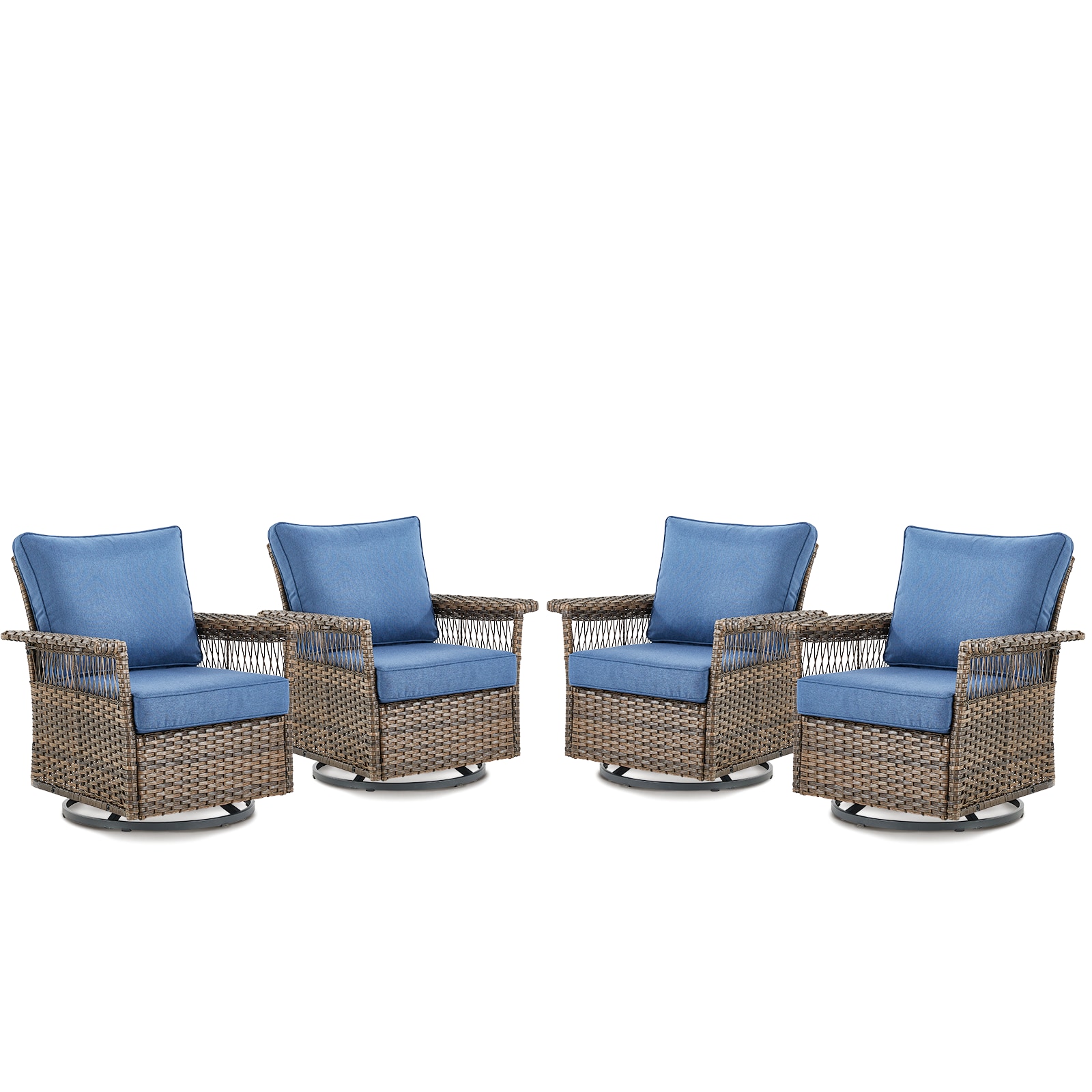 Rilyson FSSLBR20-1X2 Seagulls Set of 4 Wicker Brown Wicker Frame Swivel glider Rocking Chair with Blue Blue Cushioned Seat