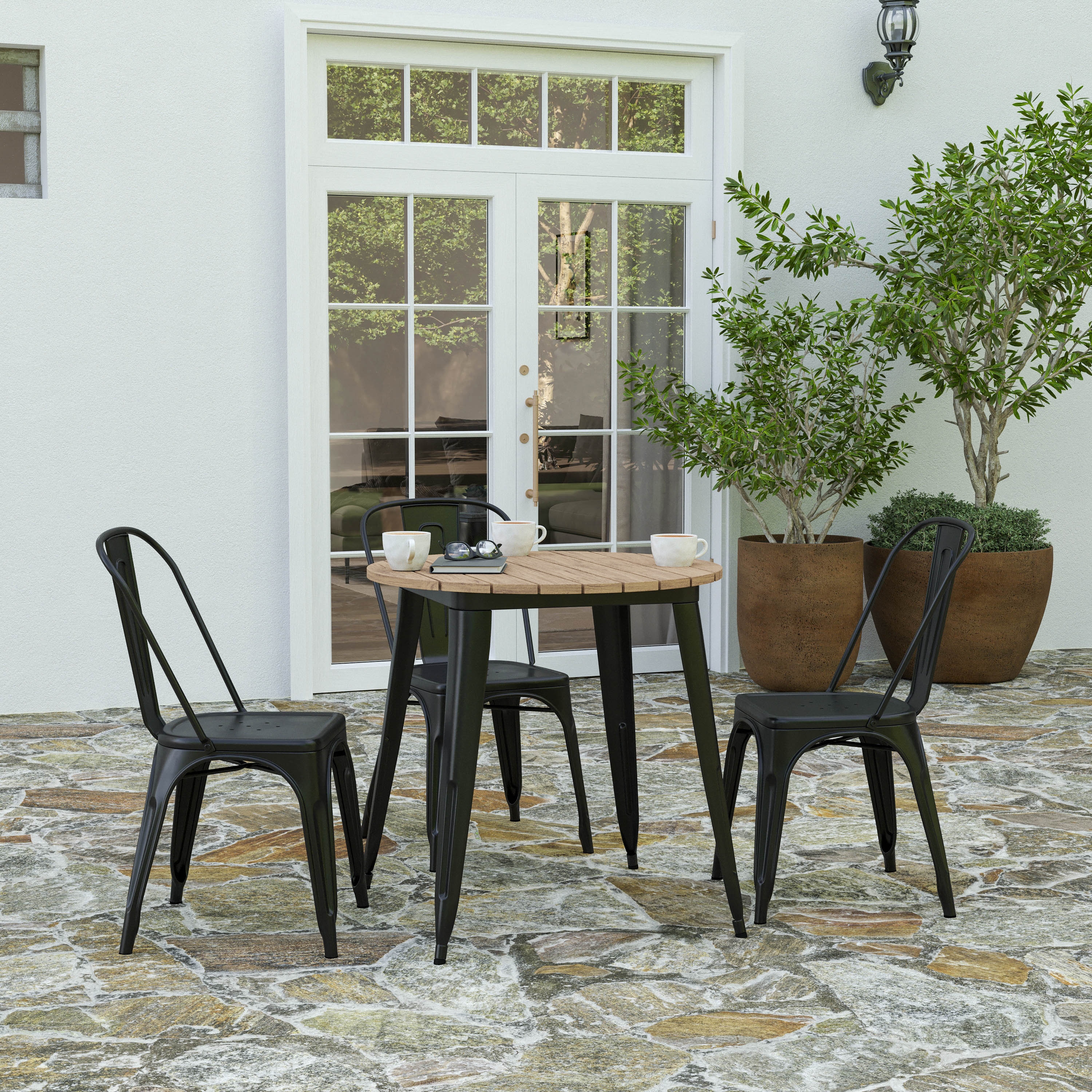 Merrick Lane Dryden Indoor/Outdoor Dining Table; 30-in Round All Weather Brown Poly Resin Top with Black Steel Base