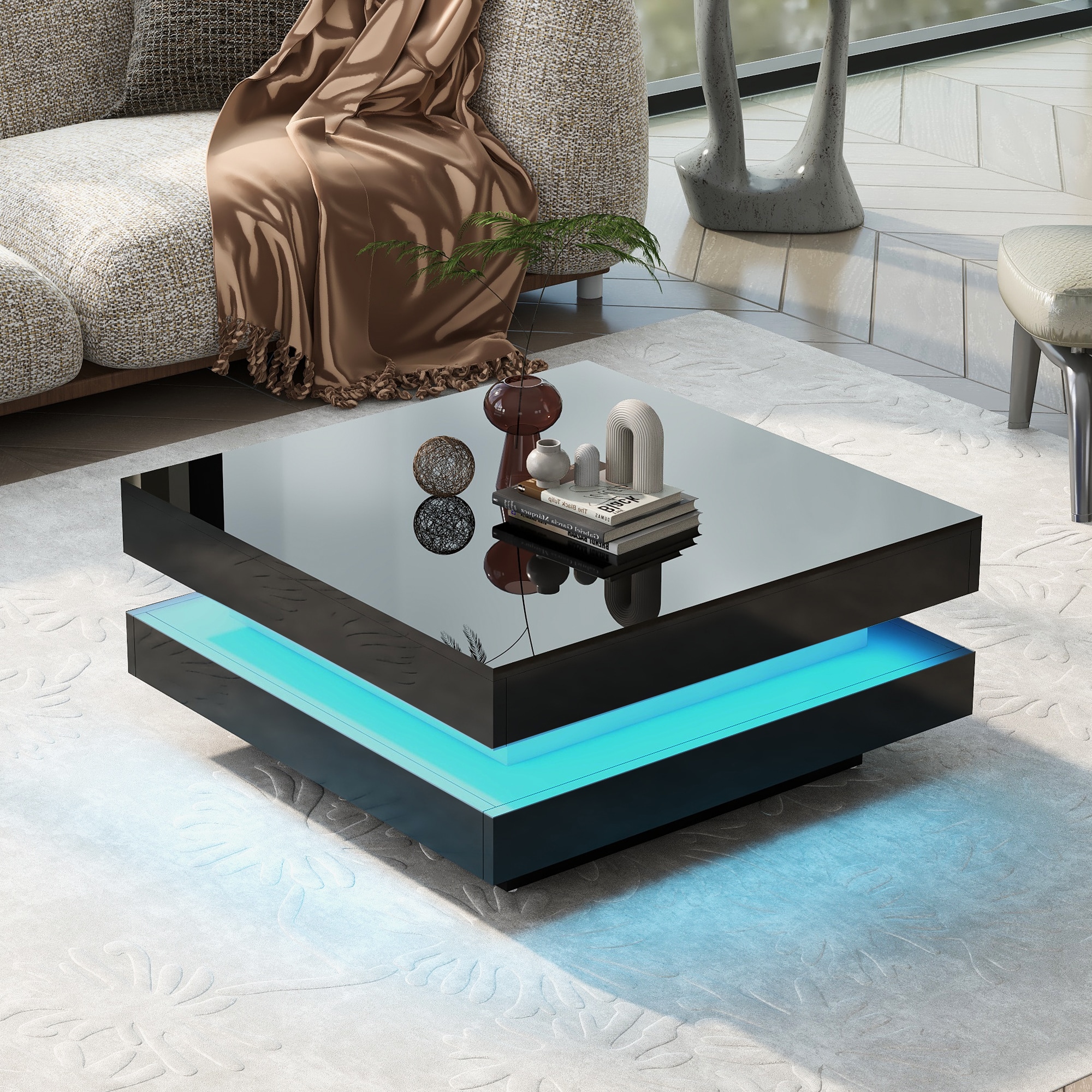 ModernLuxe WF295997AAB High Gloss Minimalist Design with LED Lights 2Tier Square Coffee Table Center Table for Living RoomBlack