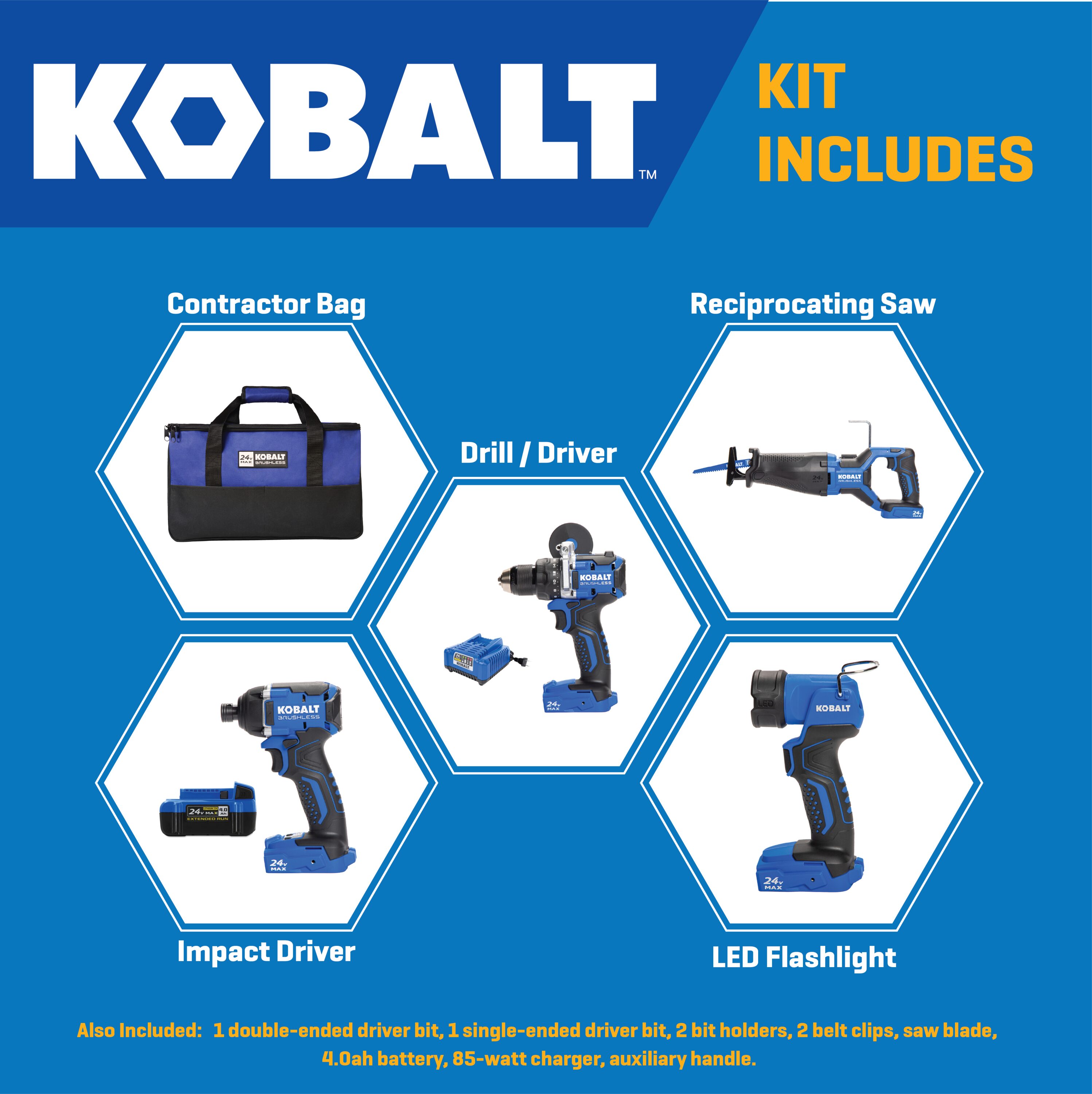 Kobalt Next-Gen 24-volt 4-Tool Brushless Power Tool Combo Kit with Soft Case (1-Battery Included and Charger Included) KLC 4324A-03 Sansujyuku sansujyuku.com