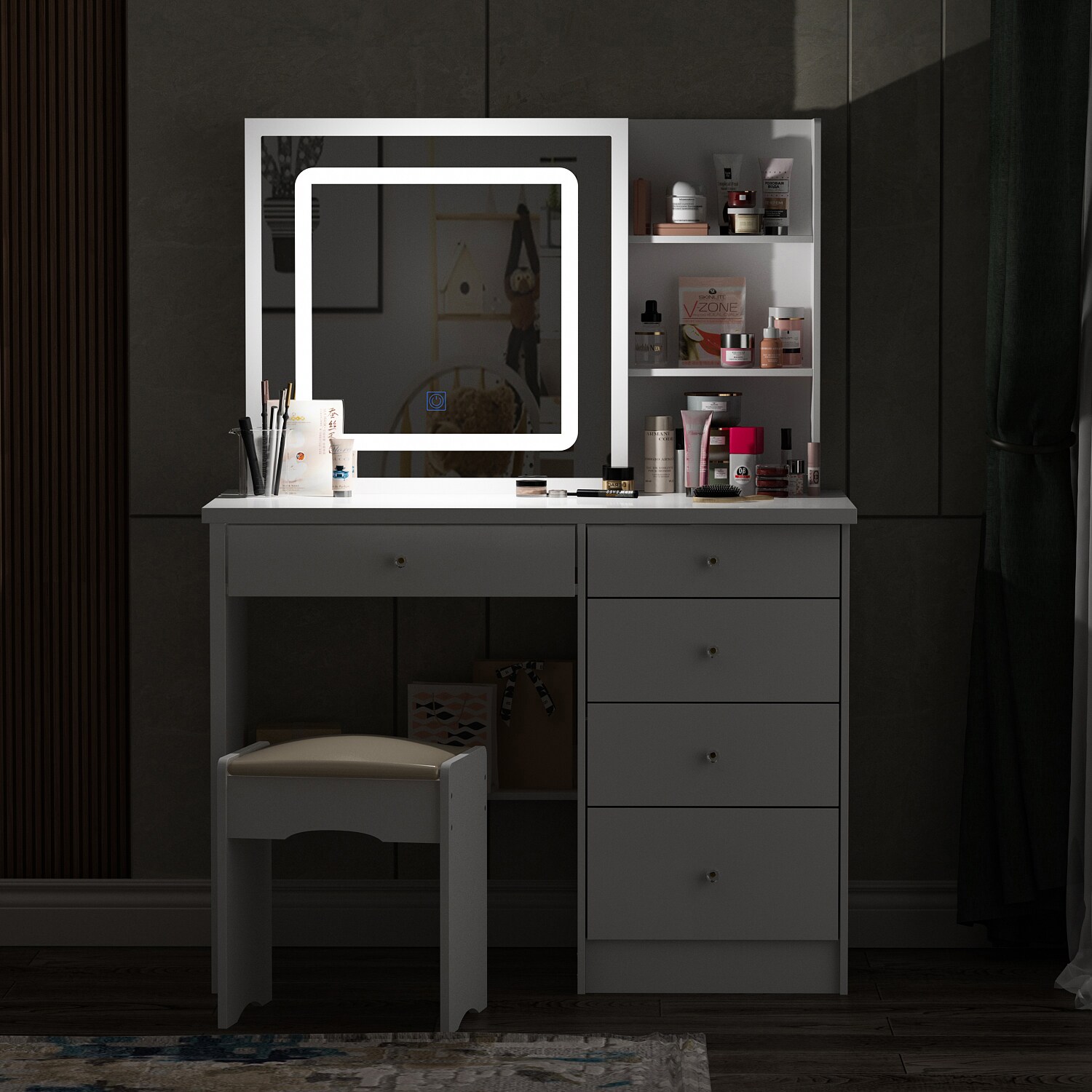 FUFU&GAGA Contemporary White Makeup Vanity Table with Mirror and Stool - 5 Drawers, Adjustable Light Modes and Brightness
