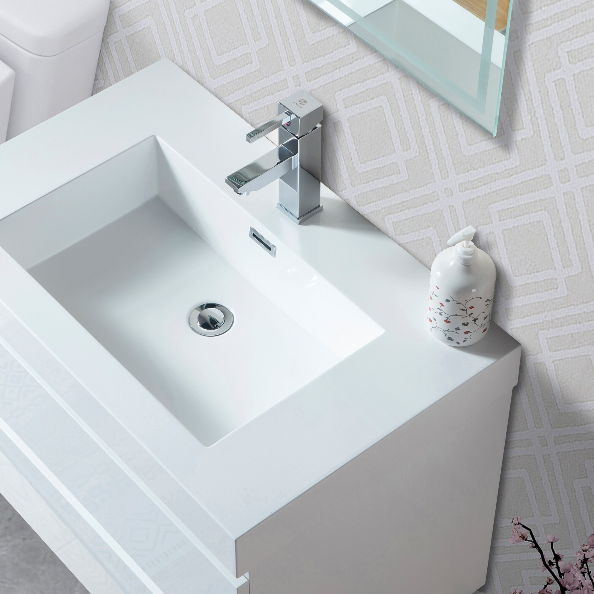 Glossy White Wall-Mount Single Sink Bathroom Vanity with Resin Top