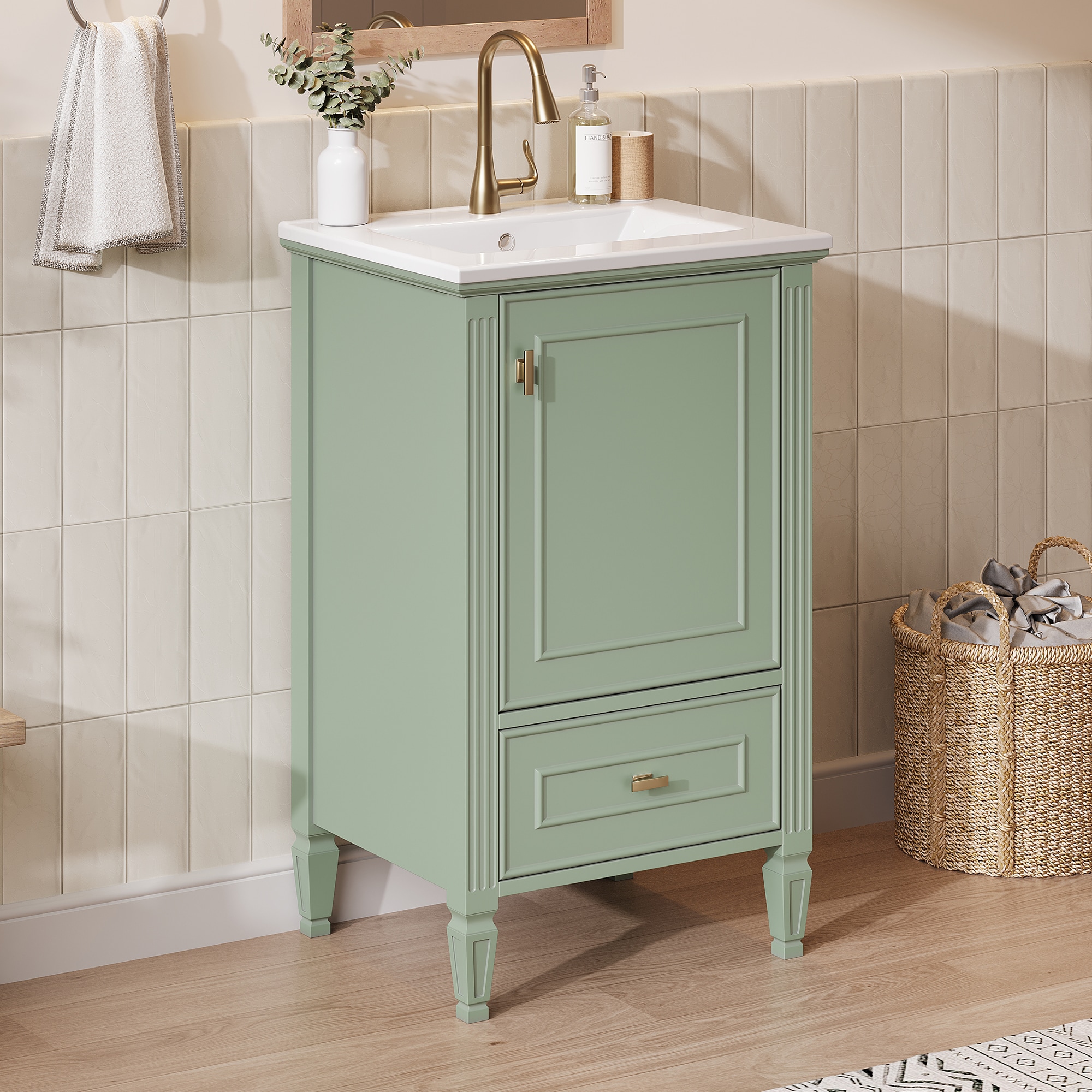 GLANZEND  18.2-in D x 20-in W x 33.78-in H Bathroom Vanity Ceramic MDF Rubber Wood Green Ceramic Sink Undermount Sink Soft Close Drawers Storage Cabinet Storage