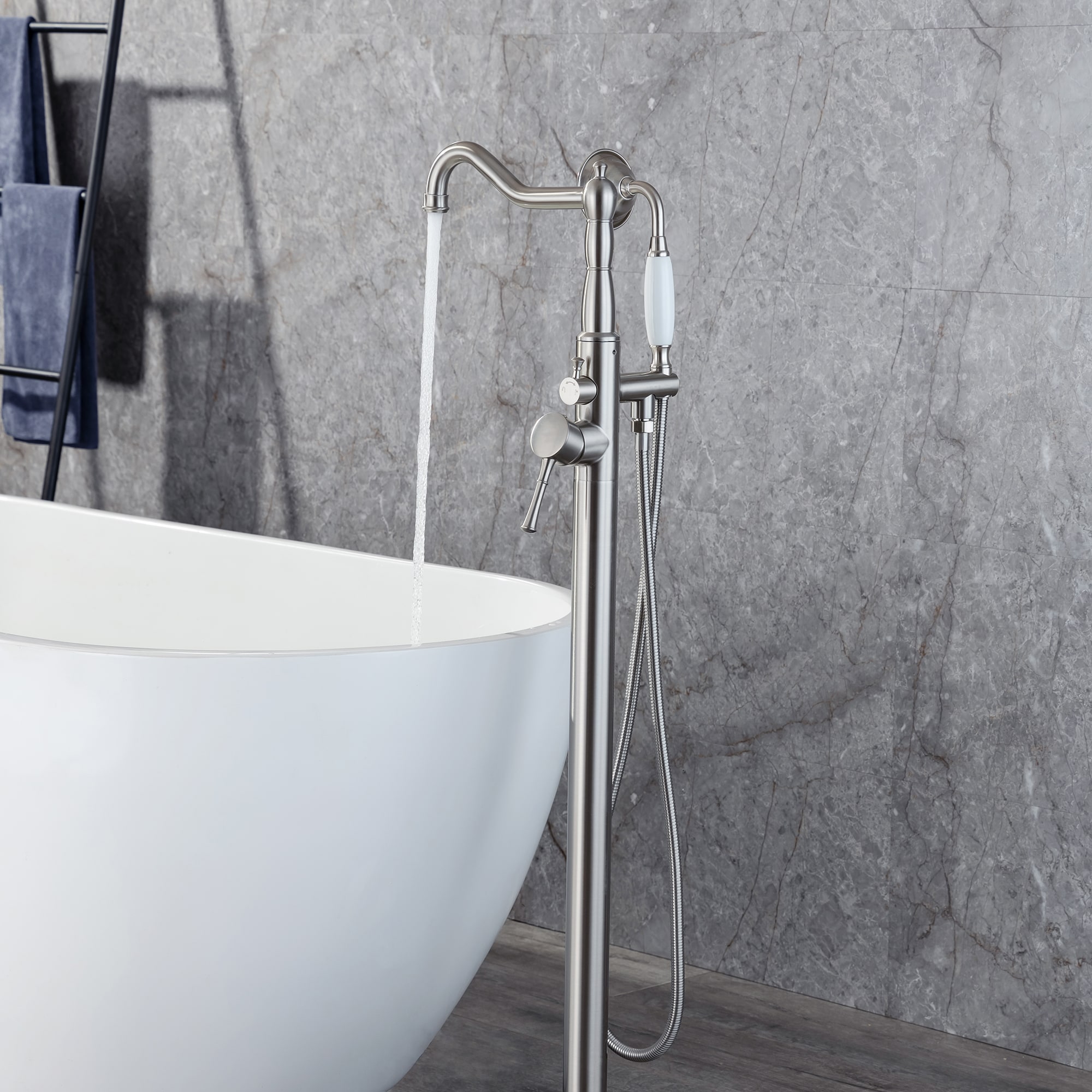 Kahomvis Brushed Nickel 1 Handle Freestanding Swivel Bathtub Faucet With Hand Shower Valve 8331