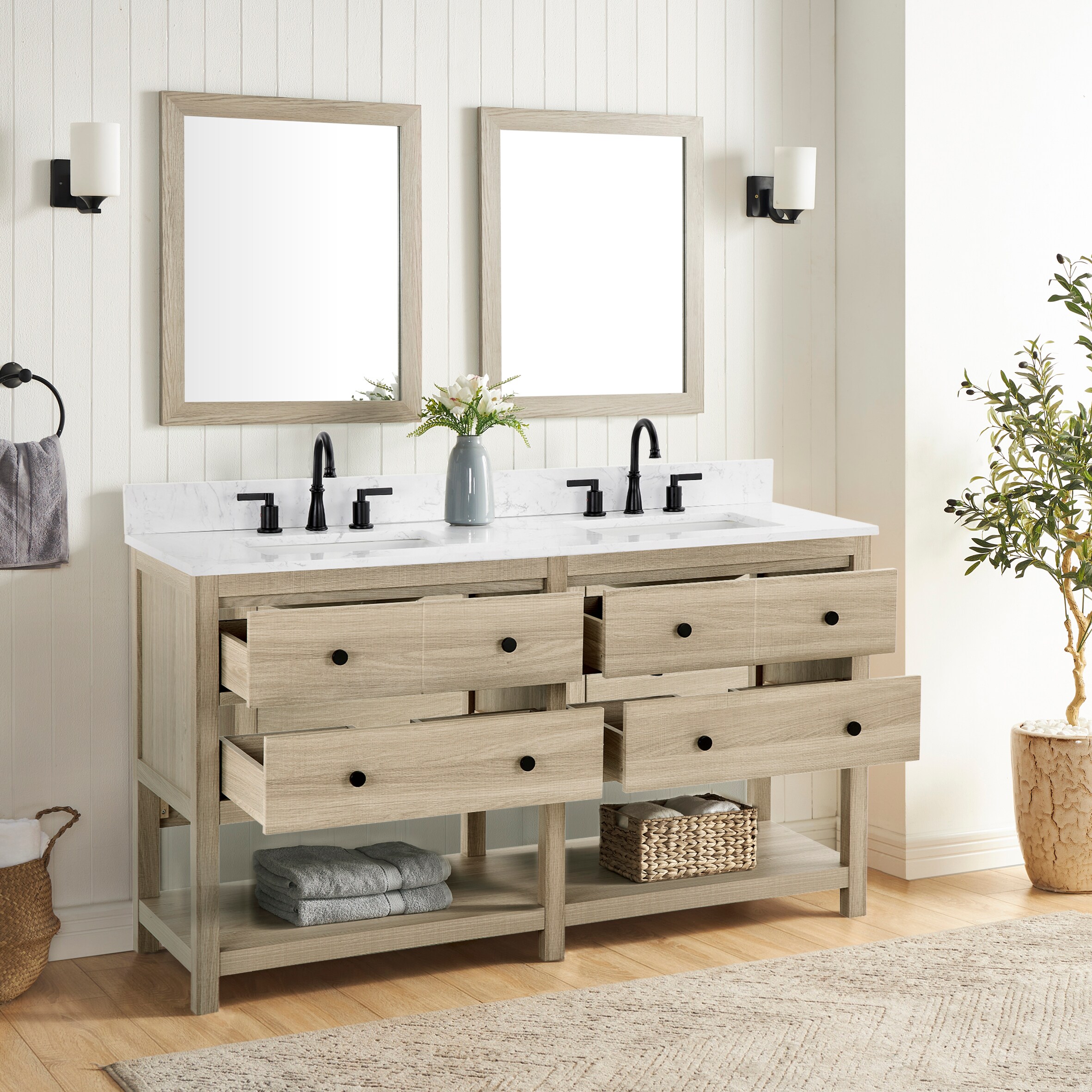 Style Selections Franky 61-in Light Wood Undermount Double Sink ...