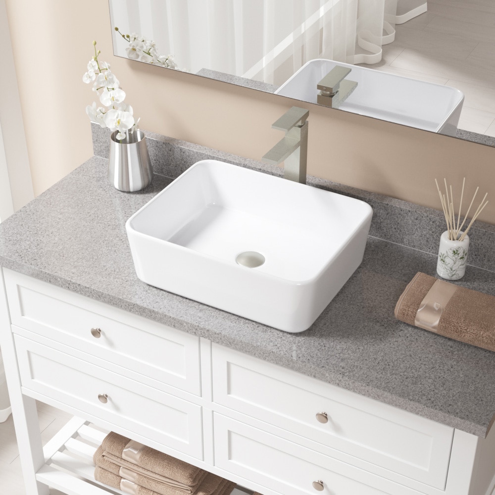 MR Direct V140-W-721-BN Porcelain Vessel Rectangular Traditional White Bathroom Sink with Faucet Included with Drain Included ( 19.13-Inches x 14.75-Inches )
