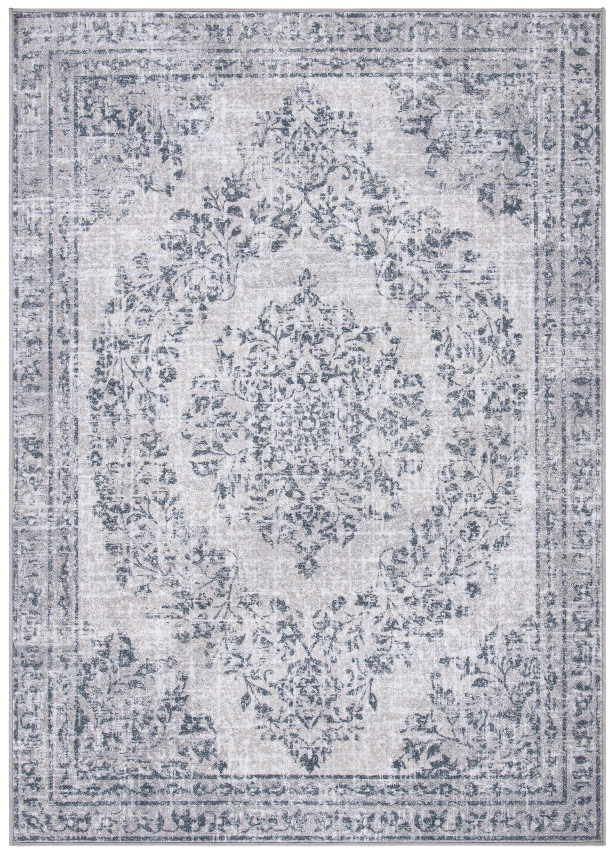 Gray Floral Medallion 4' x 6' Washable Wool Area Rug