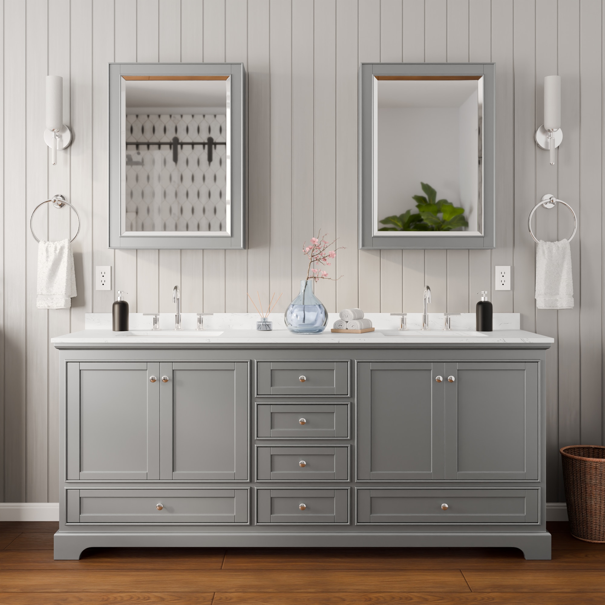 Wyndham Collection Deborah Undermount Single and Double Sink Bathroom Vanity with Quartz and Cultured Marble Tops (Mirror Included)