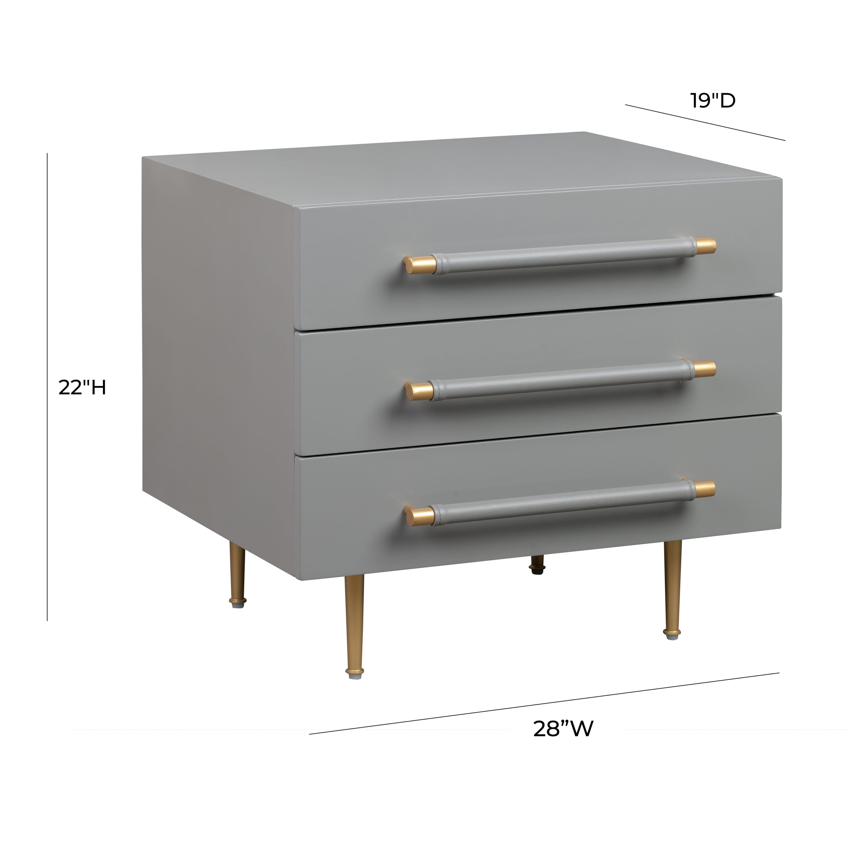 Gray 3-Drawer Nightstand with Brass Accents