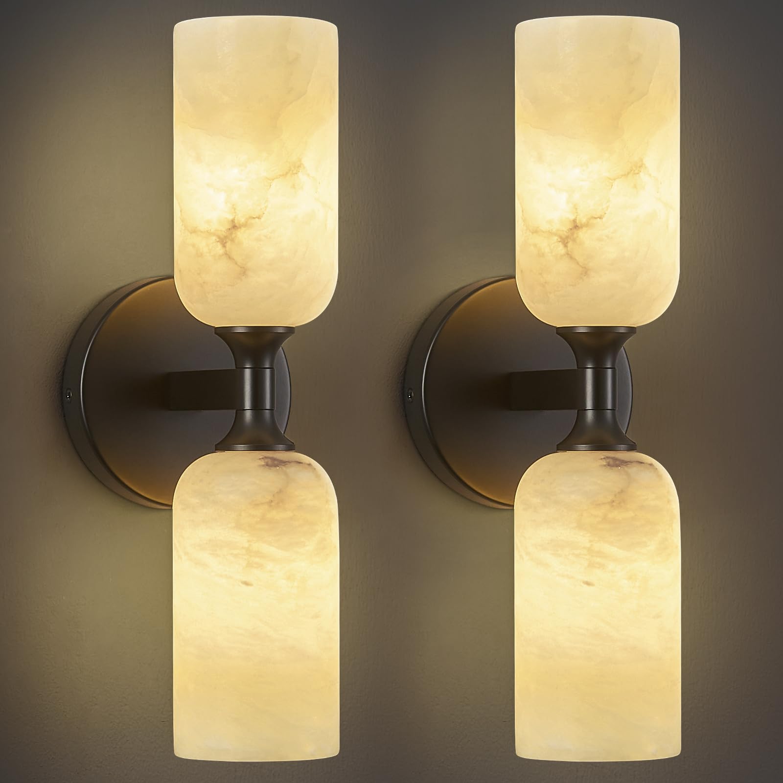 Ahfiwaso  Natural Alabaster Wall Sconces Set of Two Modern Black Wall Lamp 14in Milky White Alabaster Vanity Wall Lighting for Bedroom Bathroom