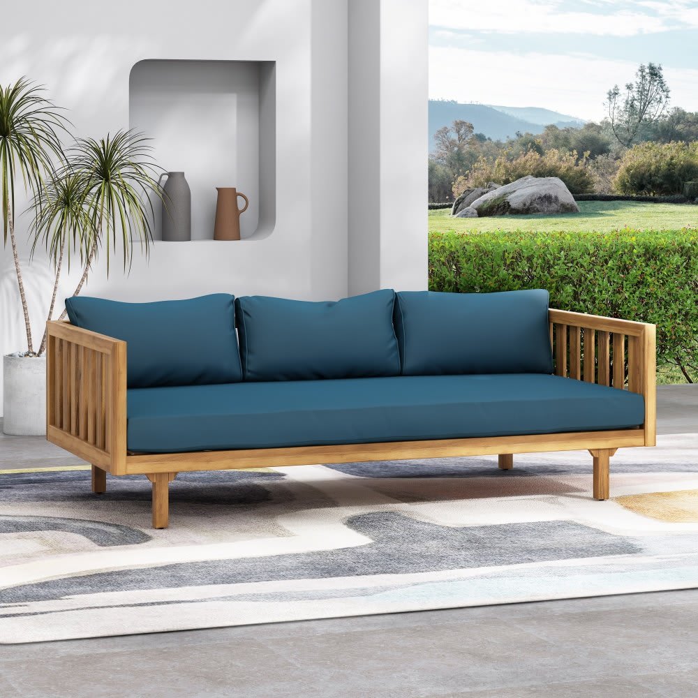 Coolbibila 67.5-in Teak Finish Acacia Wood 3-Seat Outdoor Daybed with Rattan Arms and Dark Teal Water-Resistant Cushions