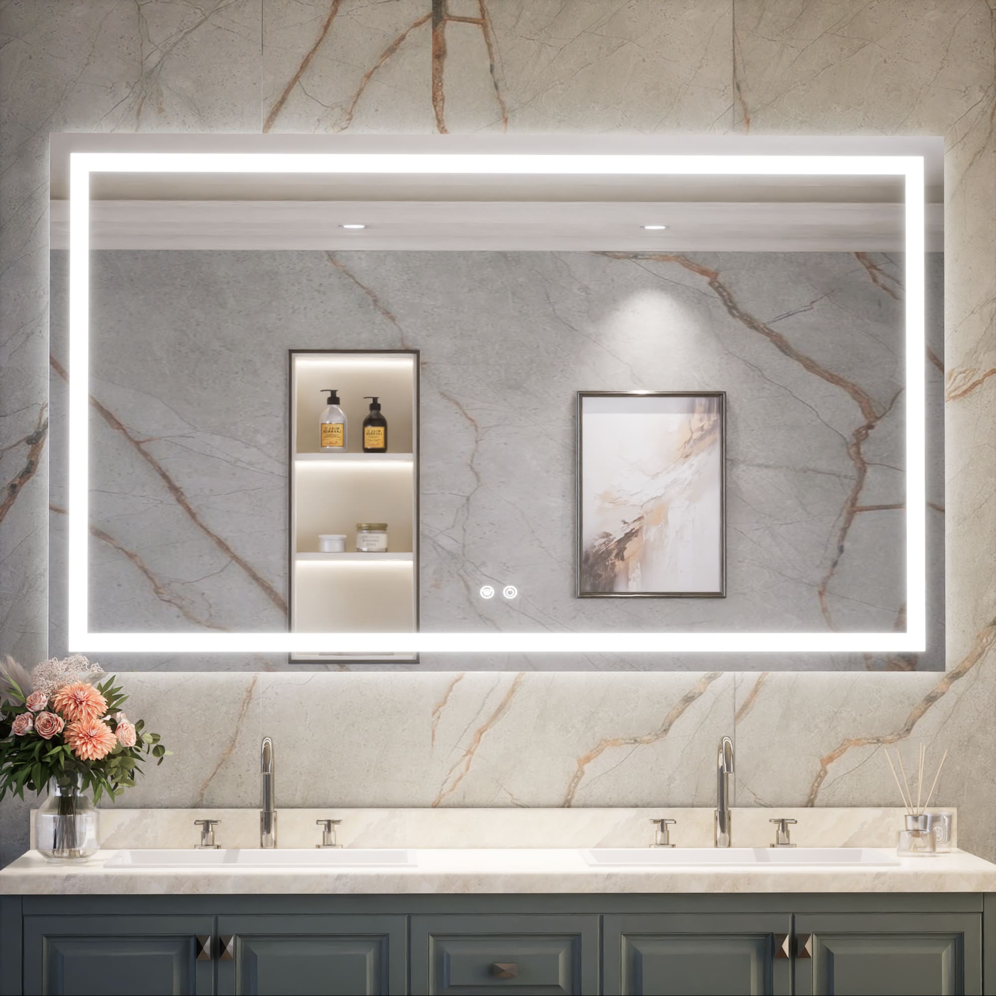 Keonjinn LW-ZBGFXFJ-15291F Bathroom Mirrors 60-in x 36-in Polished Frameless Rectangle Dimmable LED Lighted Fog Free Bathroom Vanity Mirror ( Silver )