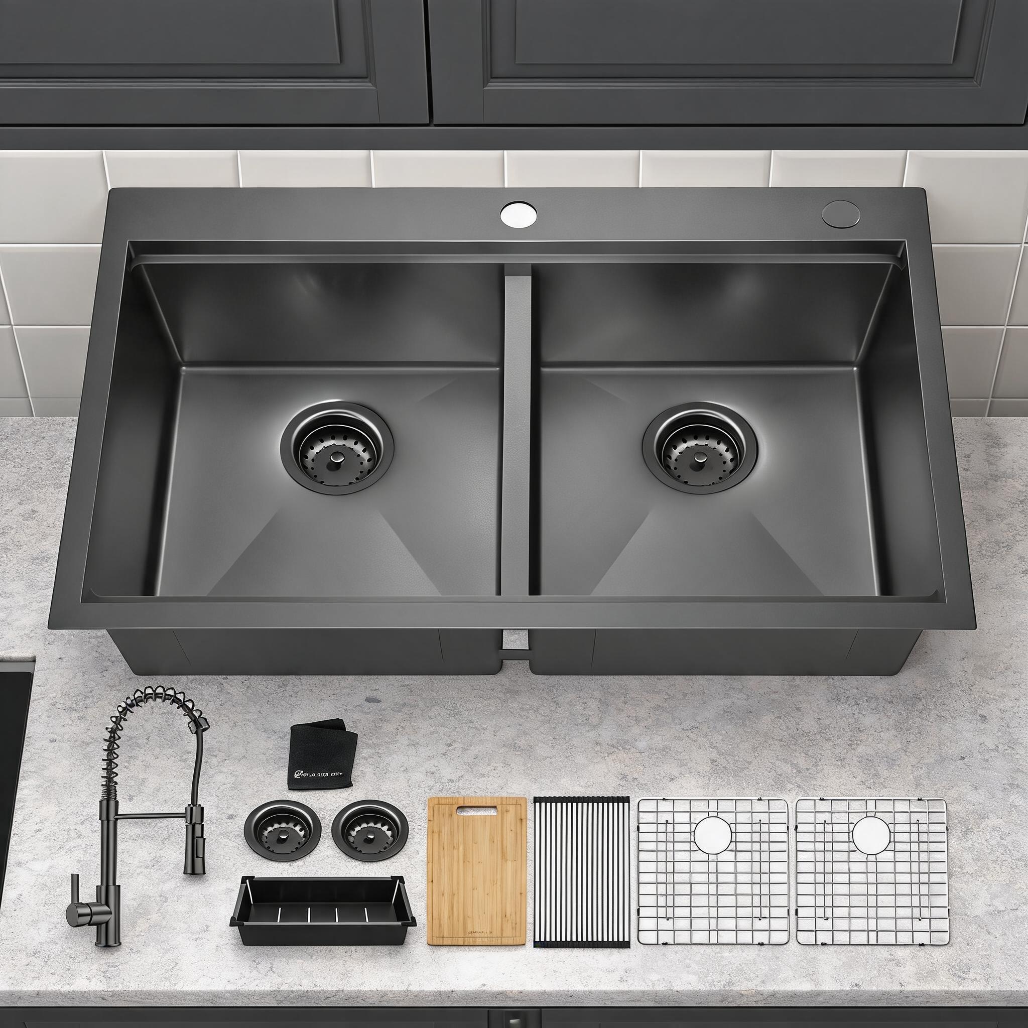 Watnature Workstation Double Bowl Kitchen Sink  Kitchen Jet Black Stainless Steel 33times22 Inch Topmount