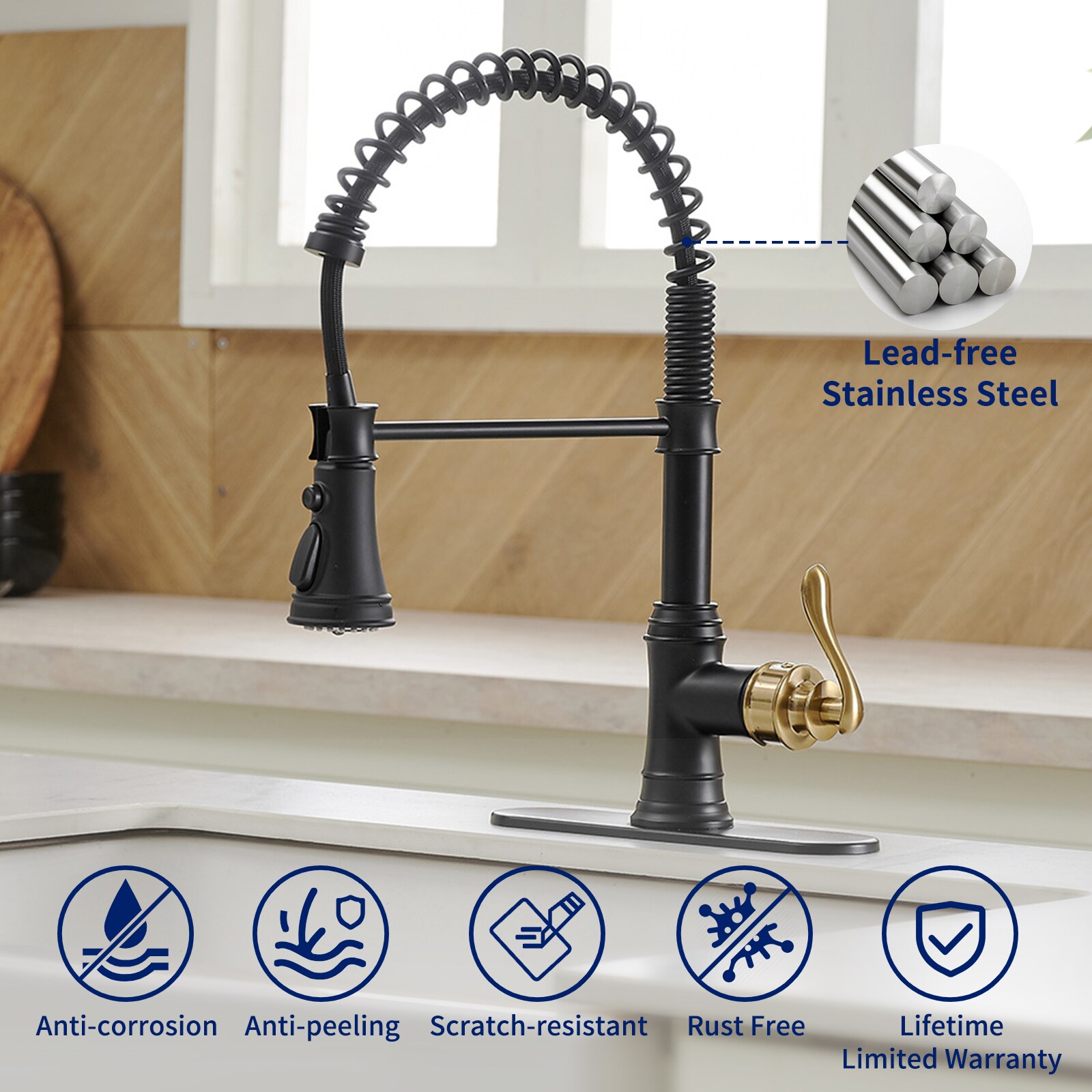 Matte Black and Gold High-Arc Kitchen Faucet with Pull-Out Spray