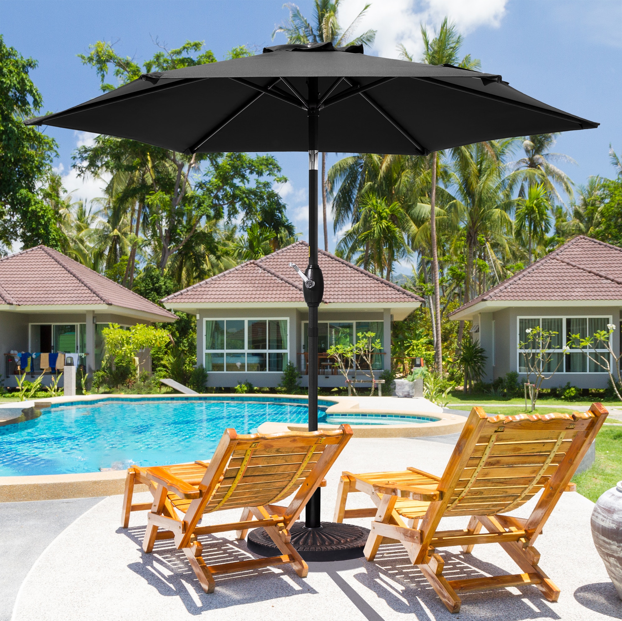 Sonkuki SD-TJ09BK 7.5-ft Steel Black Push-button Tilt Market Patio Umbrella