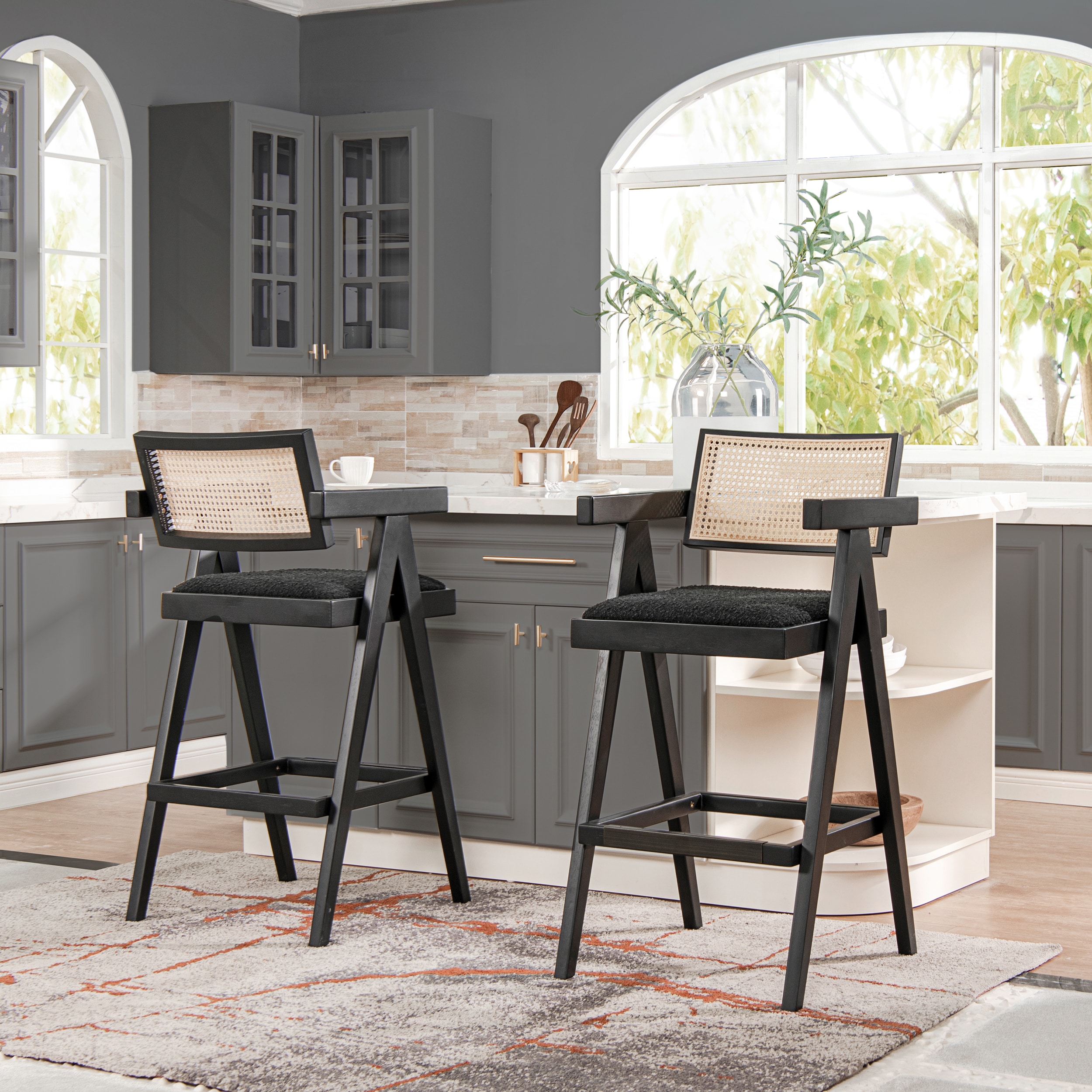 Milan Ebony Black Bouclé & Natural Wood Bar Stool Set of 3