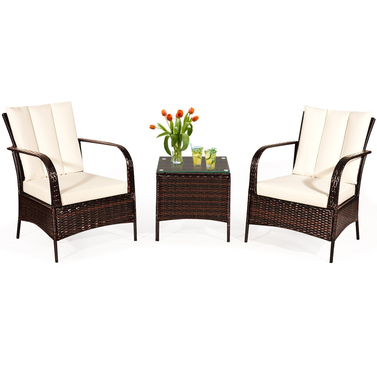 CASAINC WF-HW65850WH 3-Piece Rattan Patio Conversation Set with White Cushions