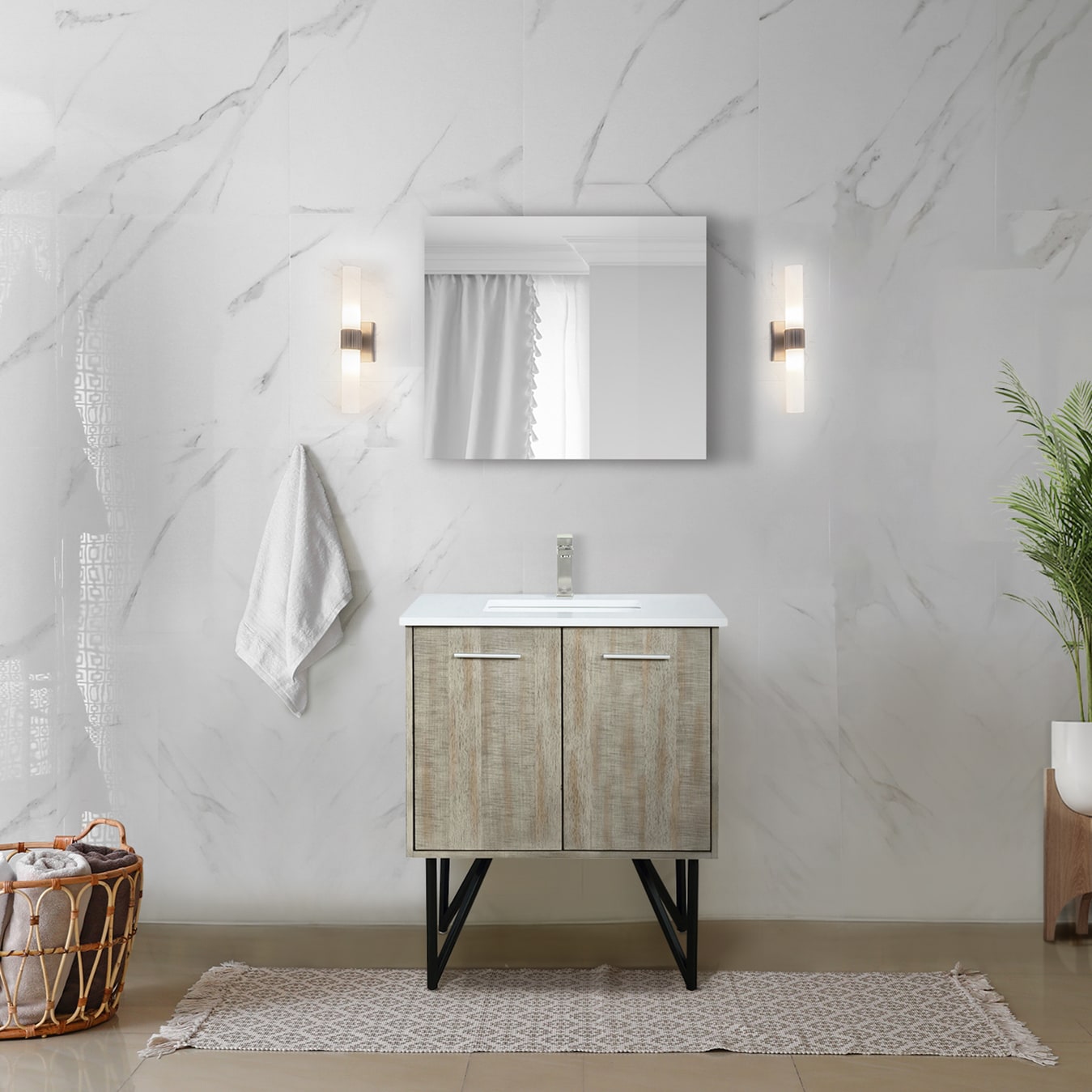 Lexora LLC30SKSOSM28 Lancy 30-in Rustic Acacia Undermount Single sink Bathroom Vanity with White Quartz Quartz Top (Mirror Included)