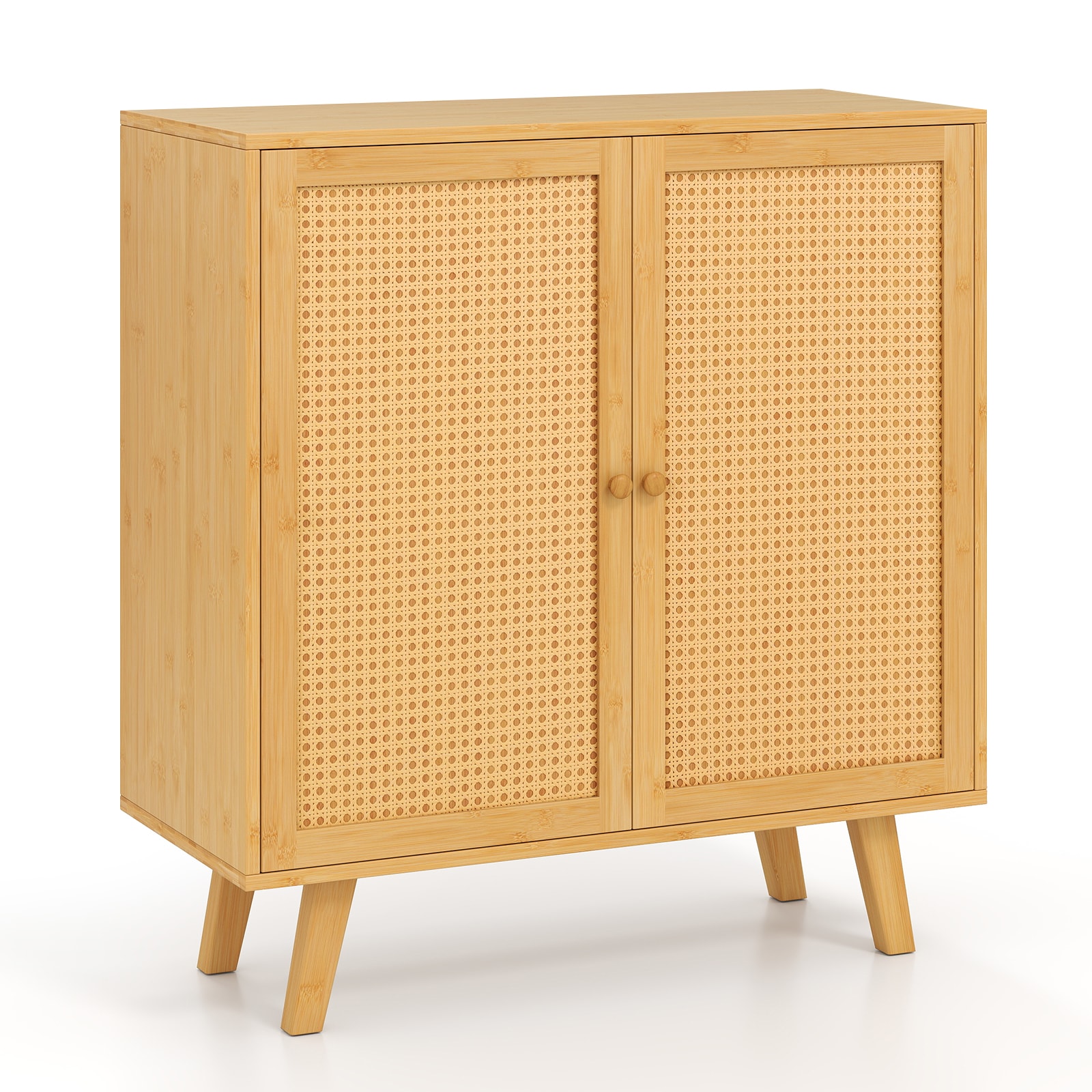 Slickblue - Modern- Natural- Bamboo PE Rattan 2-Door Storage Cabinet with Wide Top and Internal S...
