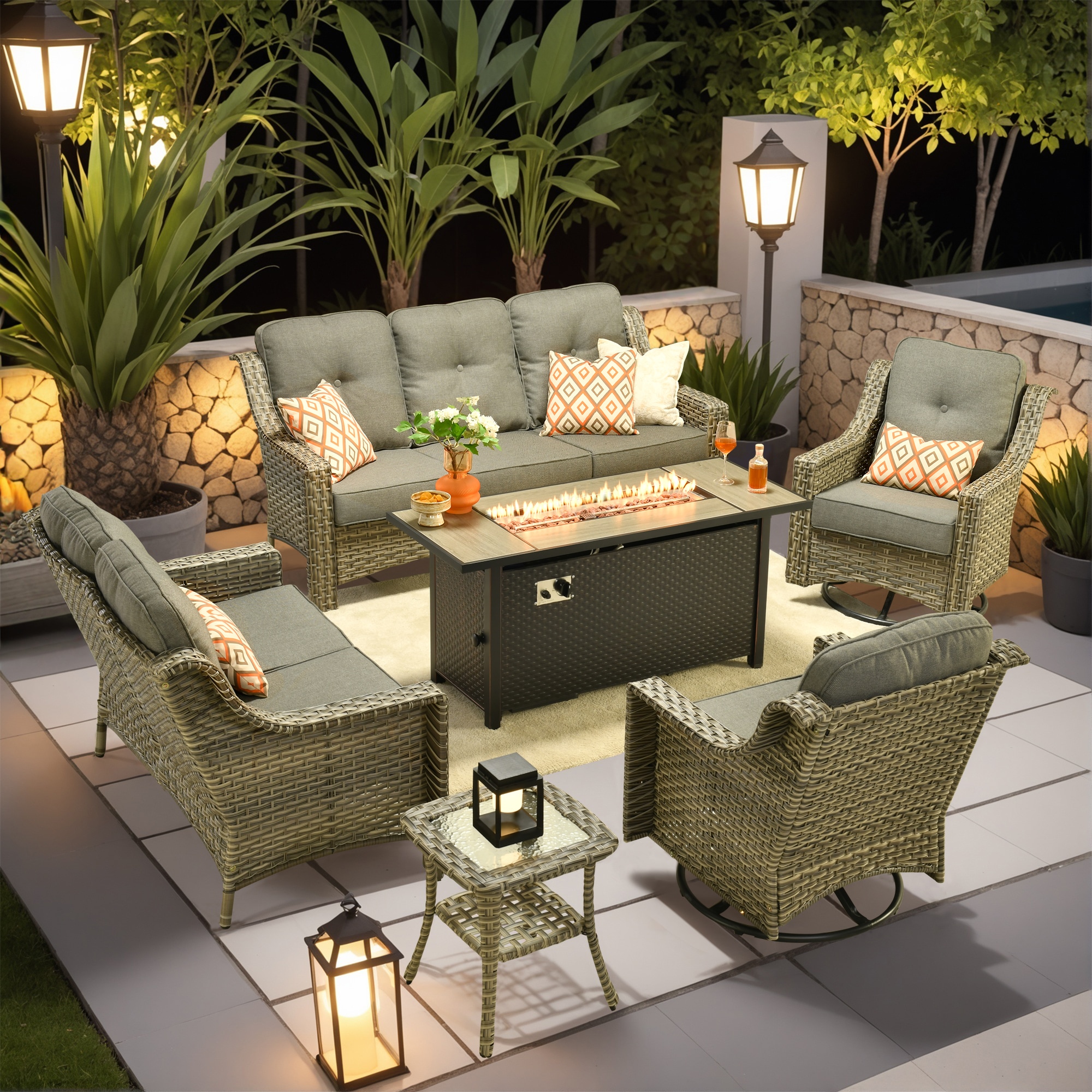XIZZI XIPADF2055-RC3IFP54 Pyrophyllite 6 -Piece Rattan Patio Sofa Conversation Set with Dark Gray Cushions