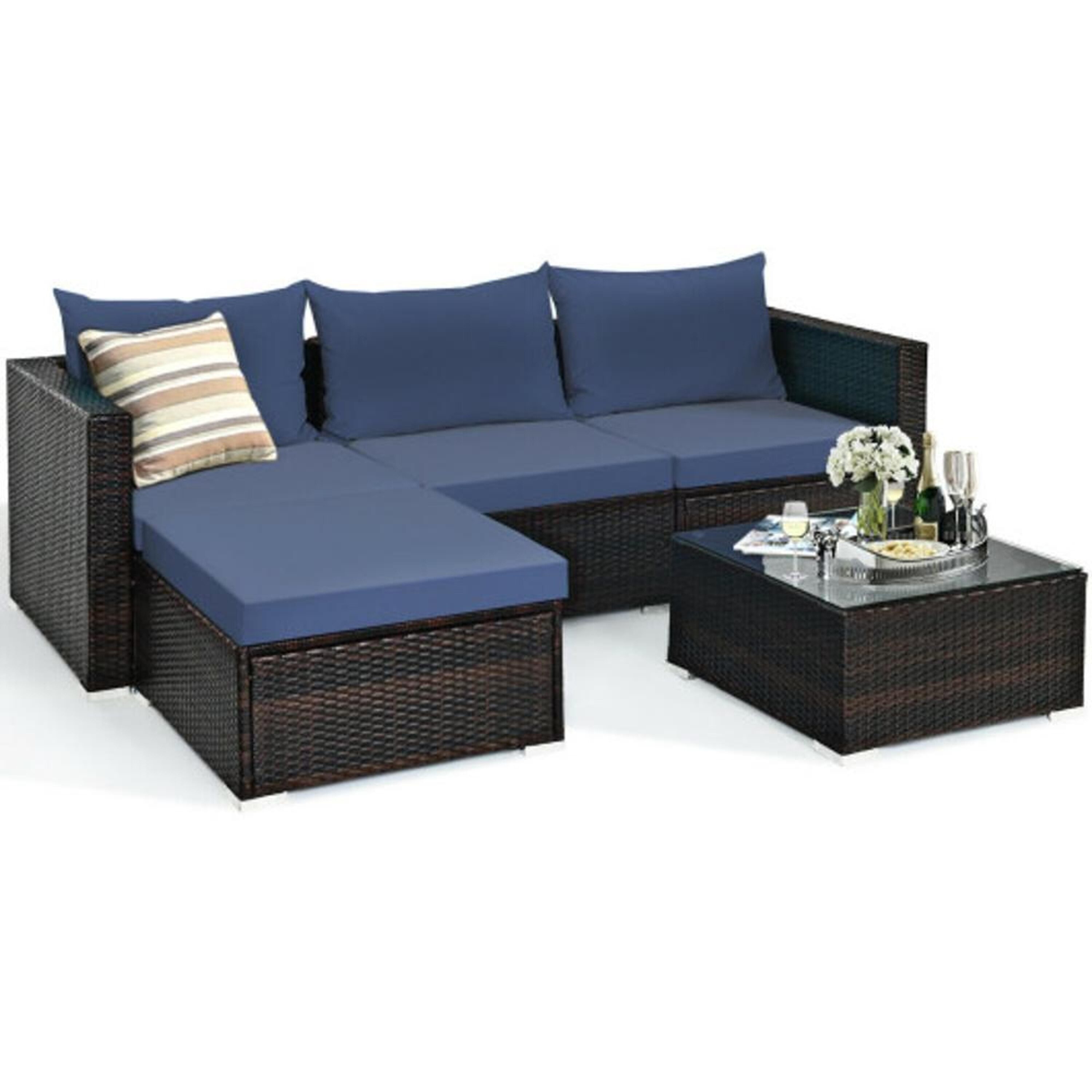 BABOOM BOM-69BNY+-CO 5 -Piece Rattan 2 Patio Sofa Conversation Set with Blue Cushions