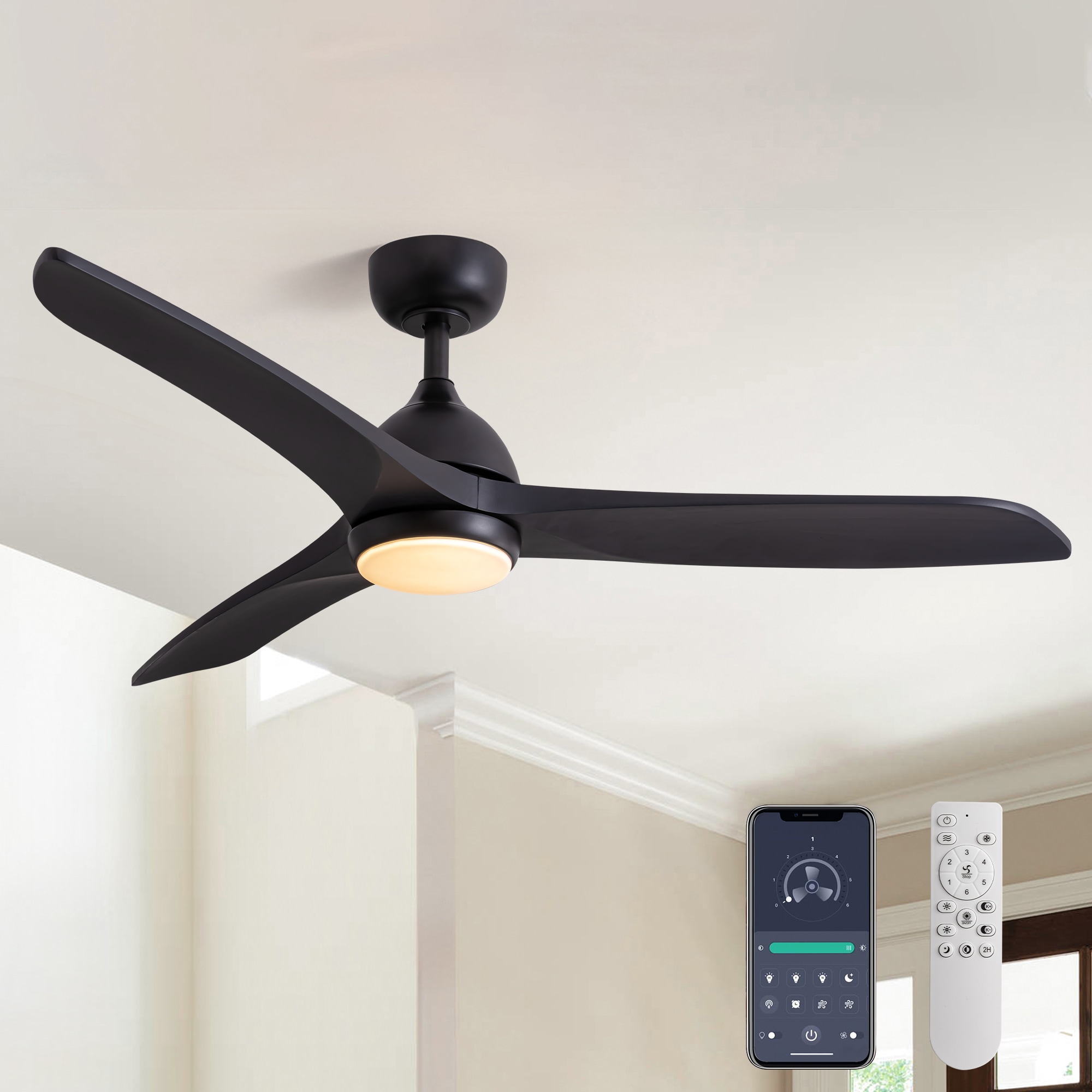Antoine BLW024 52-in Color-Changing Integrated LED Smart Black with Black Wood Finish Blades Ceiling Fan With Light - Remote Included ( 3 -Blade )