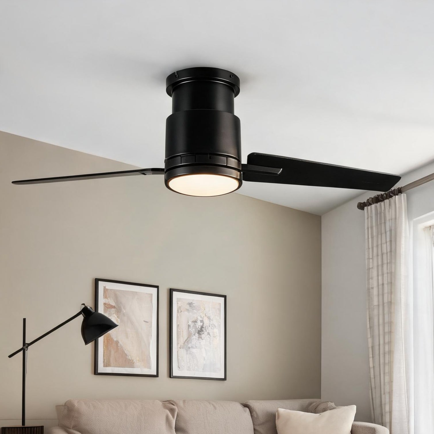 Watnature - Ceiling fan with integrated LED light 52-inch sleek black modern plywood blades ideal...