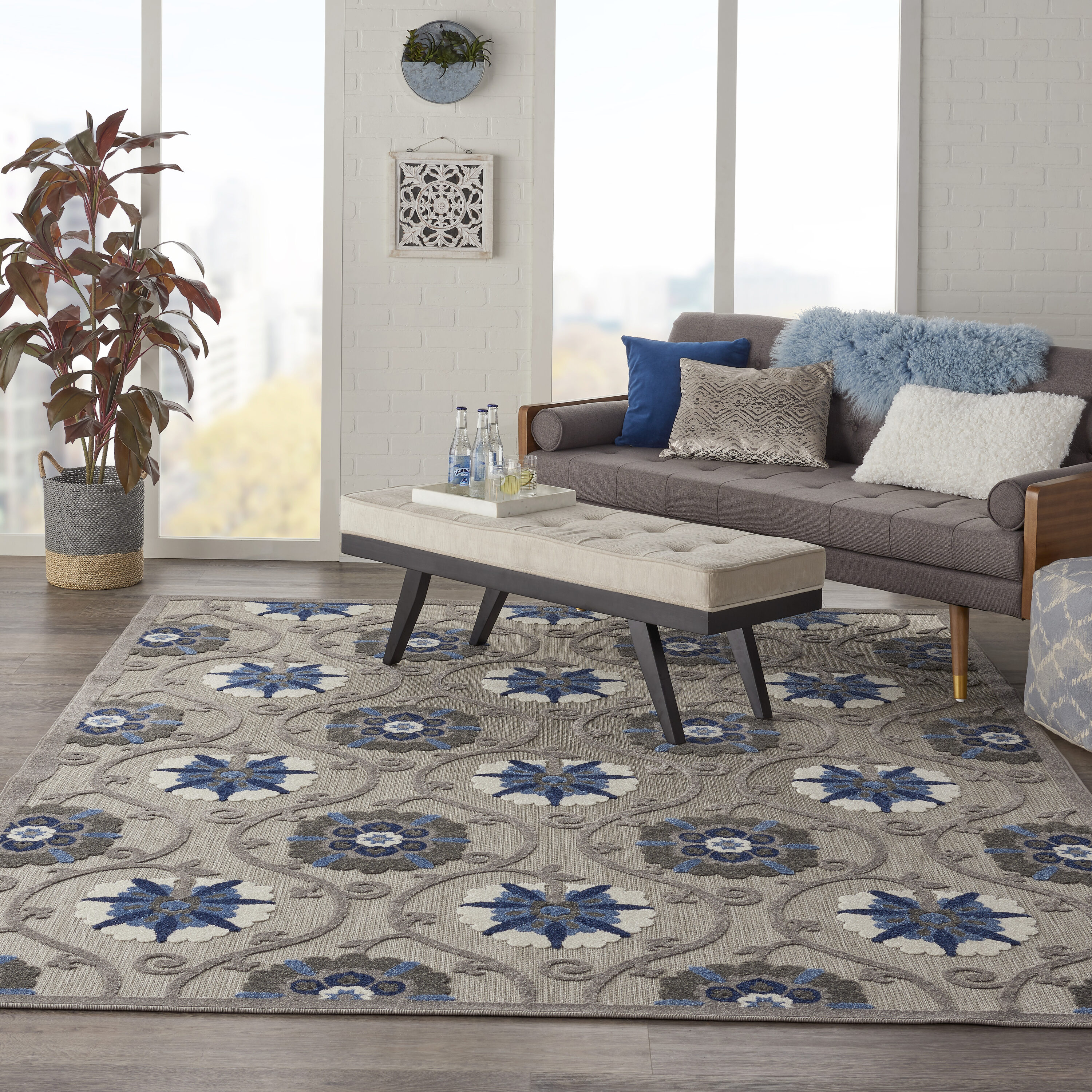 Nourison 099446816344 Aloha 7 x 10 (ft) Loomed Polypropylene Grey/Blue Rectangular Indoor/Outdoor Floral/Botanical Tropical Area rug
