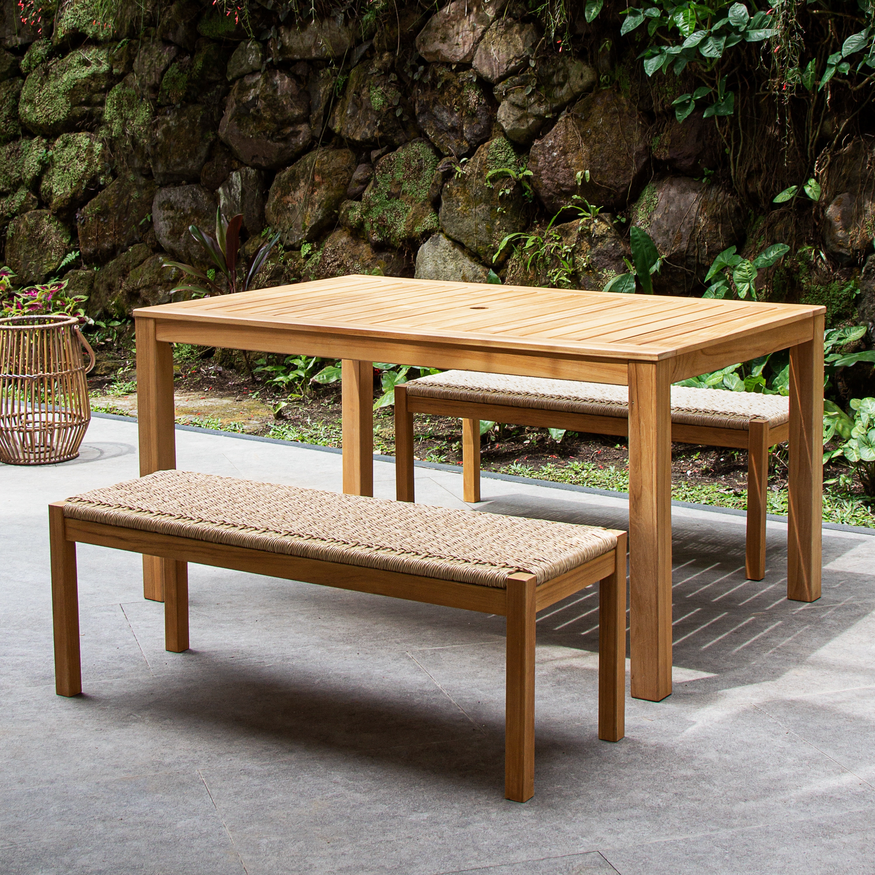 Cambridge Casual 610707-TW-XX-XX-HT Paxton 3 -Piece Natural Teak Wicker Patio Dining Set Wood Rectangle Table with 2 Stationary Chairs