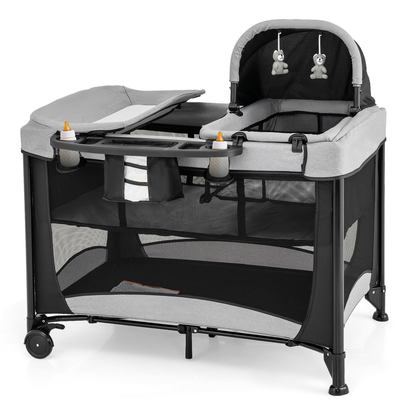 Slickblue 5-in-1 Portable Baby Playard Crib with Bassinet Changing Table and Removable Cradle for Indoor Use- Black