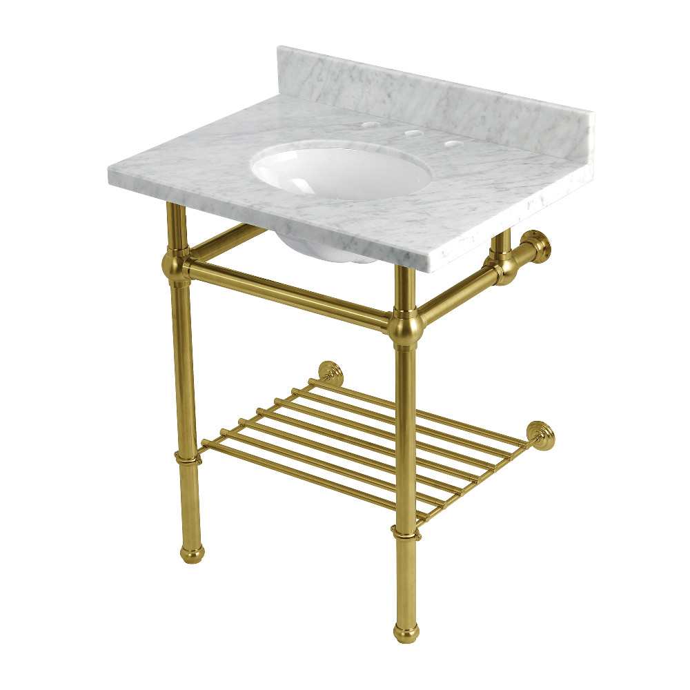Kingston Brass  KVPB30MBBTSET Templeton 30 Inch Rectangular Brass Marble Console Bathroom Sink with Overflow and 3 Faucet Holes at 8 Inch Centers