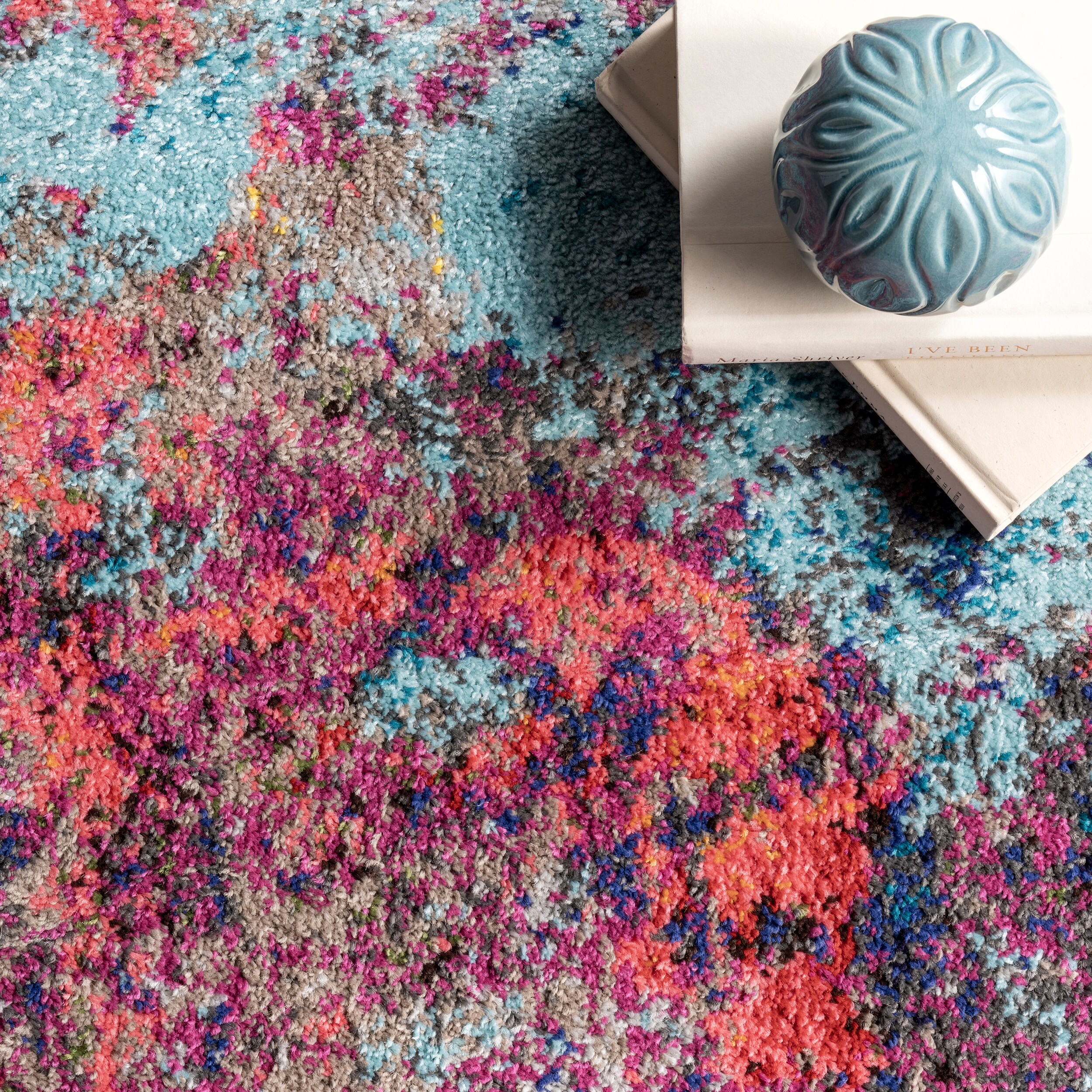 Reversible Blue and Pink Abstract Synthetic Runner Rug