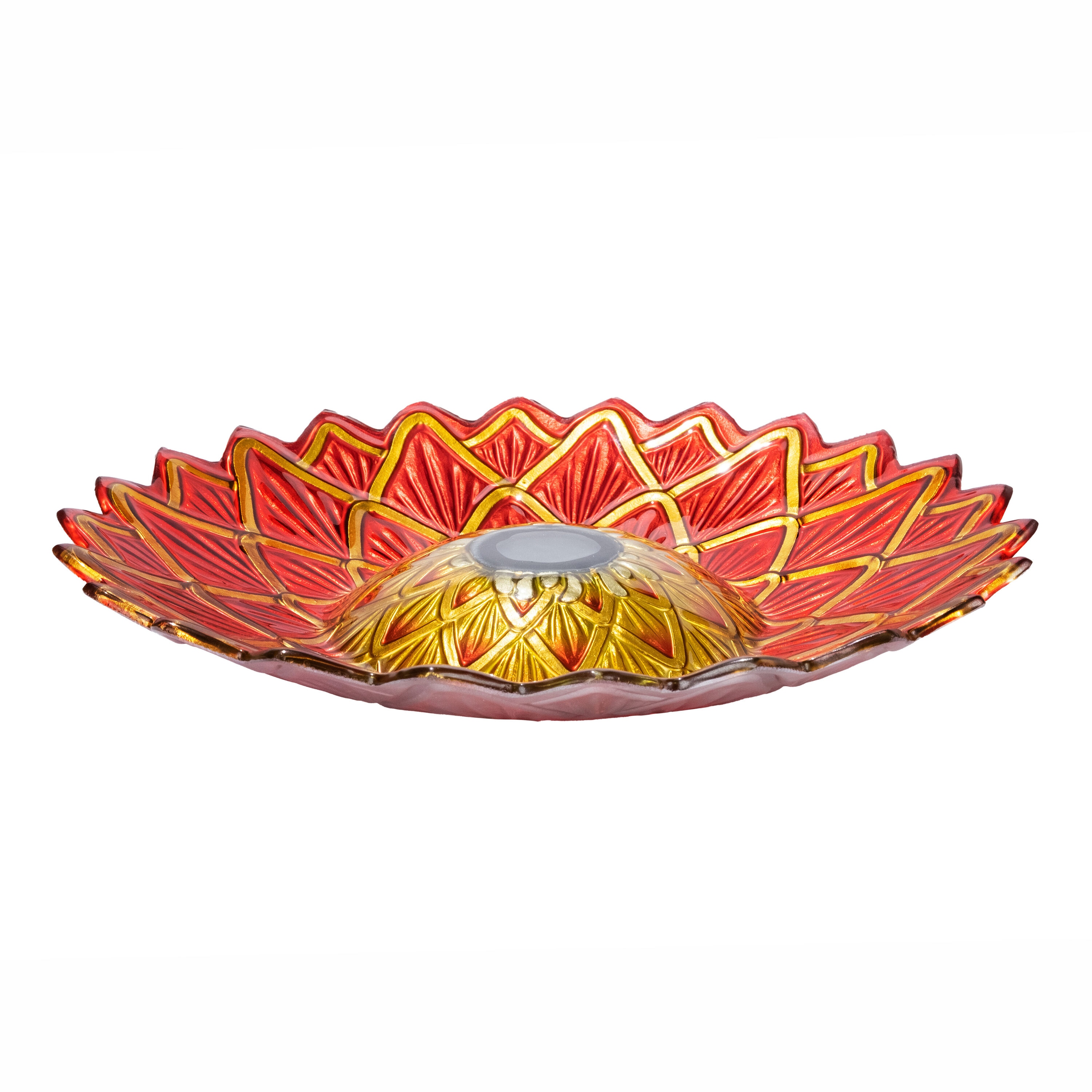 Red and Gold Glass Birdbath with Solar Light and Metal Stand