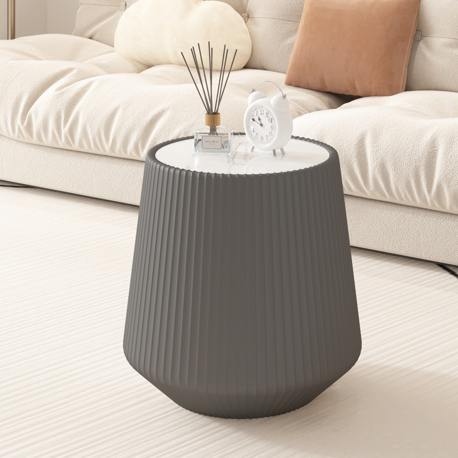 chillscreamni Slate Gray Sintered Stone Drum Coffee Table with Leather ...