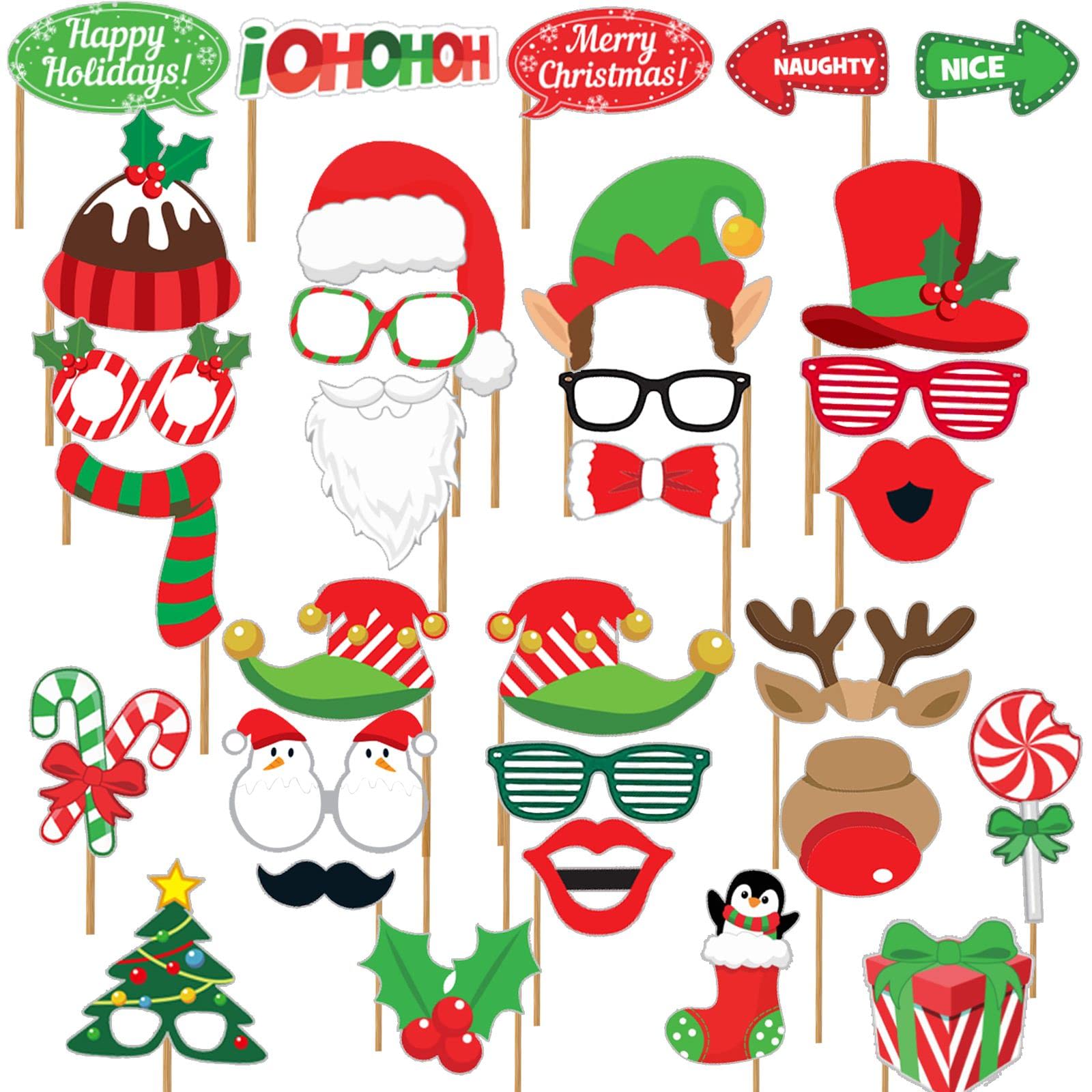 Aoibox 32 pcs Christmas Photo Booth Props Set Party Supplies Pose Sign Kit for Kids Adults Holiday Party Decoration Photoshoot Selfie Holiday Photography #LAB1204P27